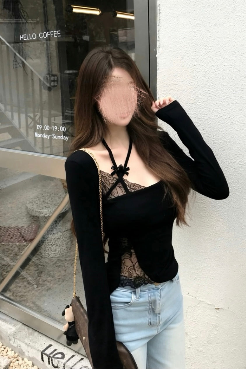 Lace Panel Asymmetry Slim Tops XLY00141