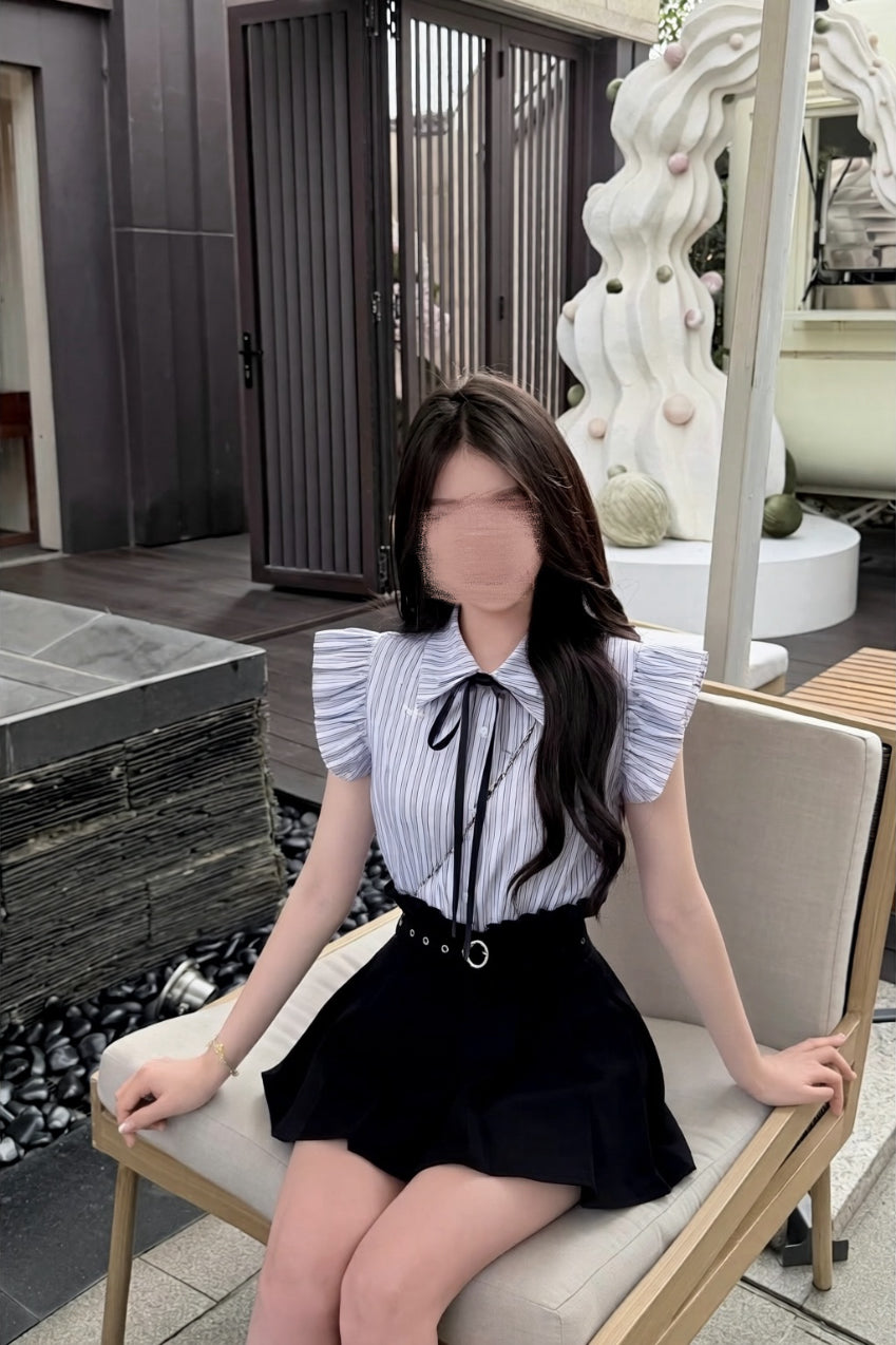 ストライプリボン フリルトップス XLY00157