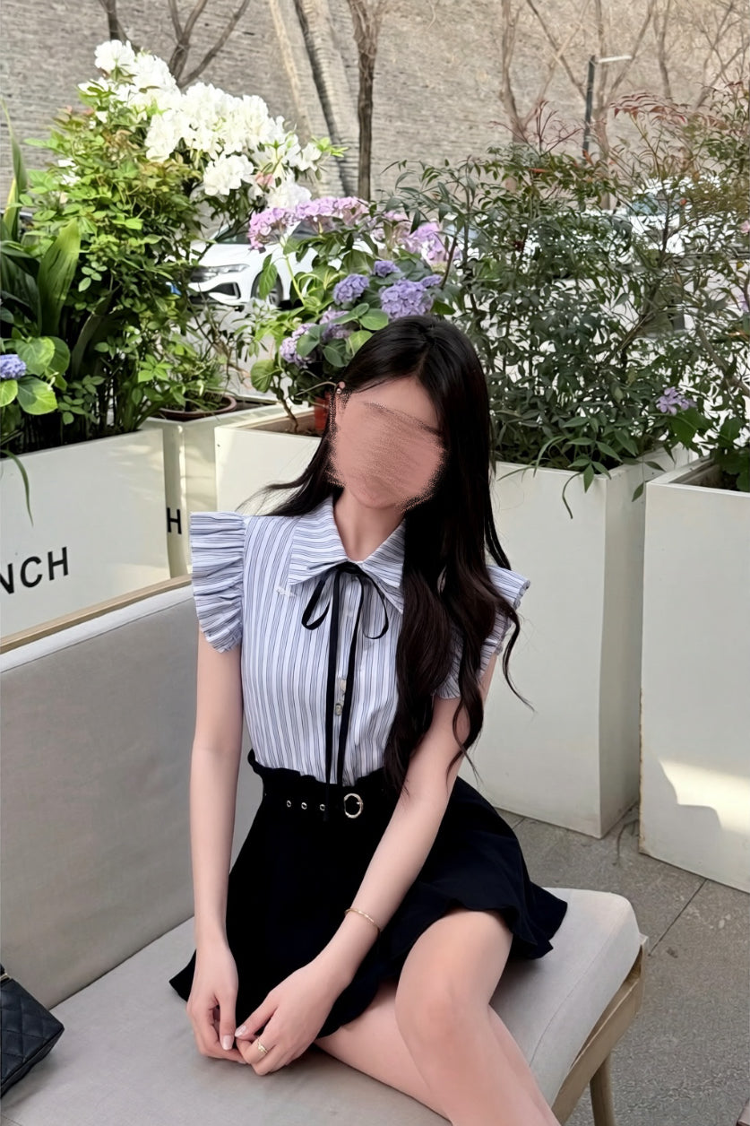 ストライプリボン フリルトップス XLY00157