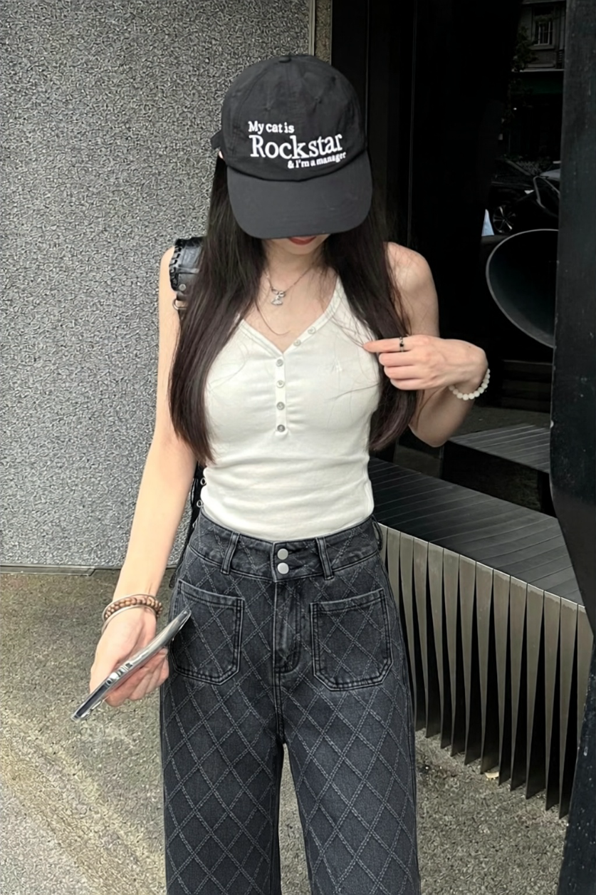 【2color】キルティングステッチ ワイドデニムパンツ XLY00163