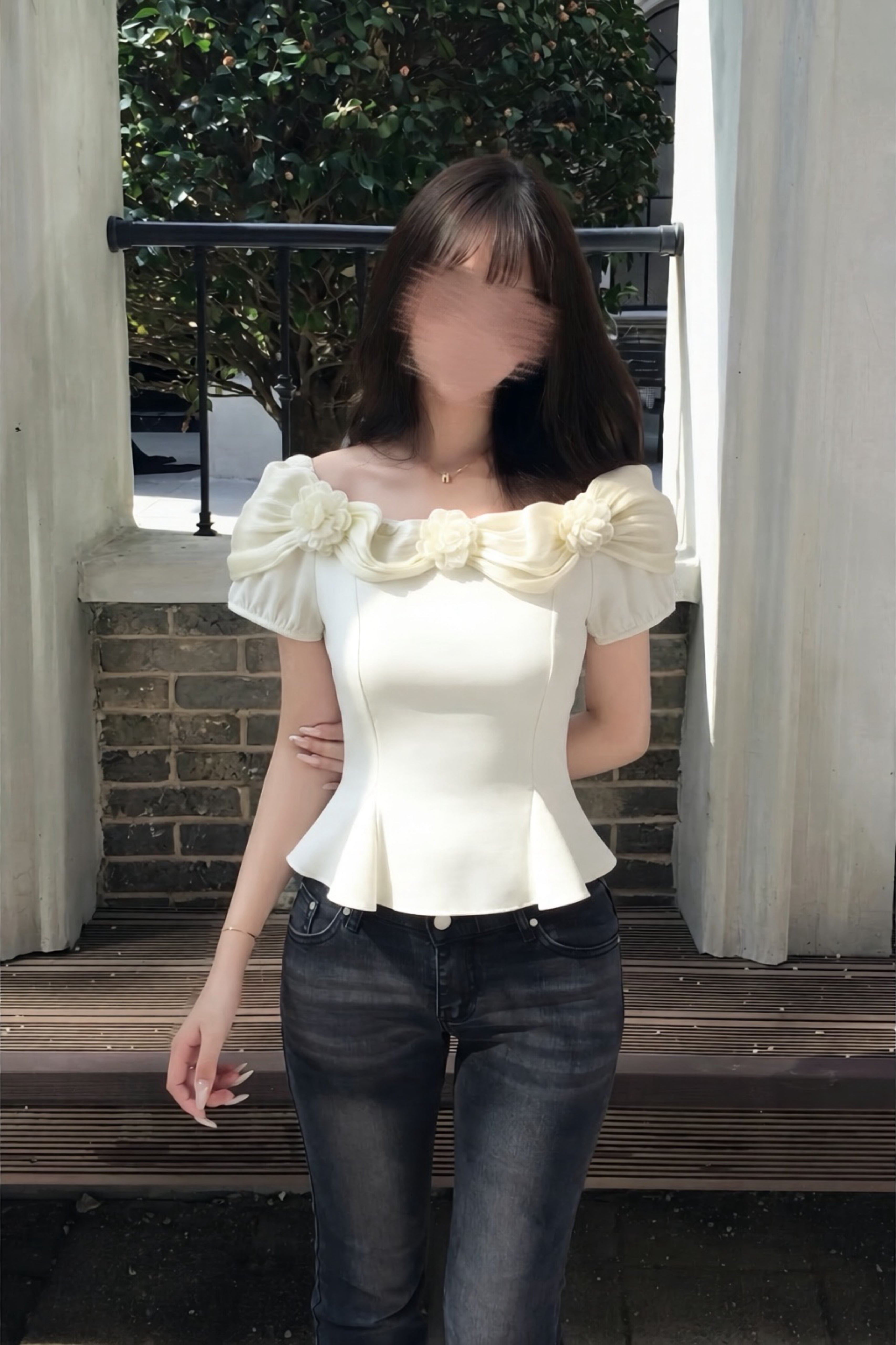 【2colors】フラワーオフショルペプラムトップス XLY00172
