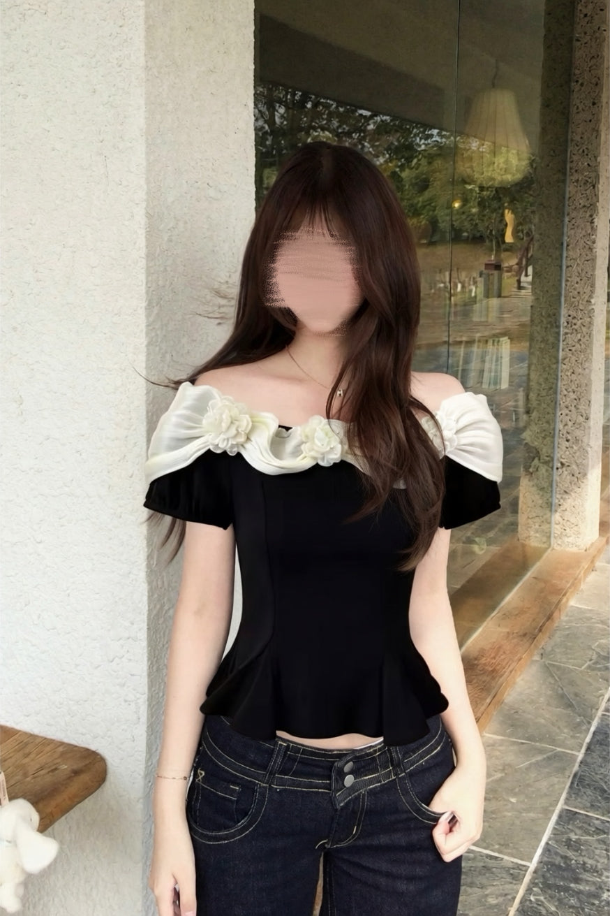 【2colors】フラワーオフショルペプラムトップス XLY00172
