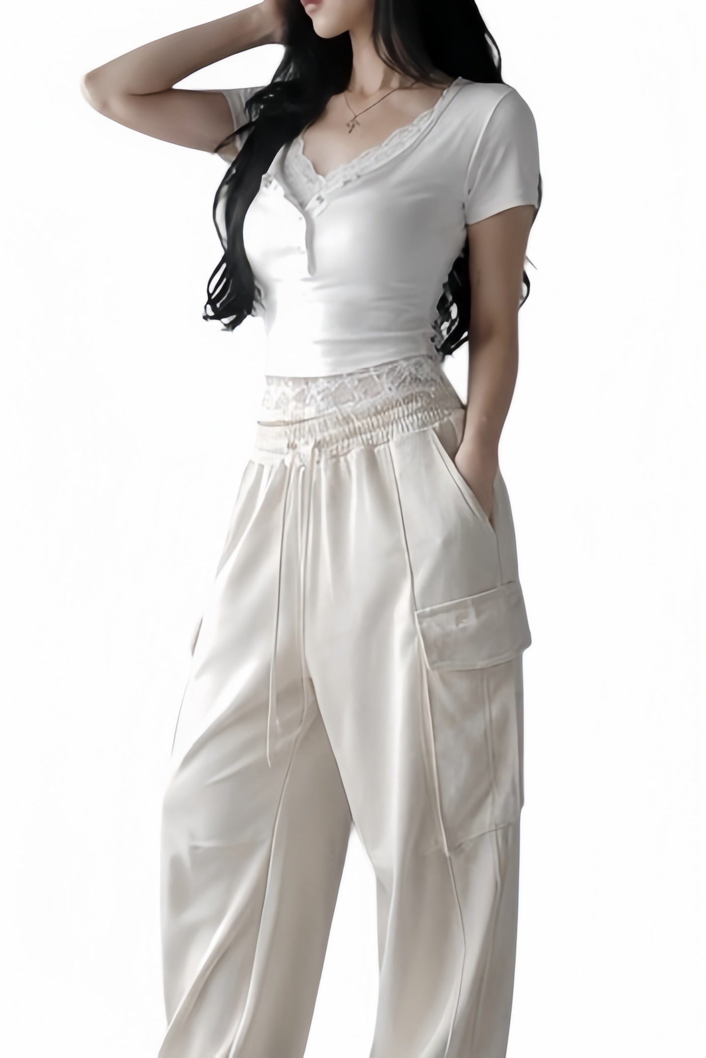 【2colors】レースレイヤード スクエアネックトップス XLY00189
