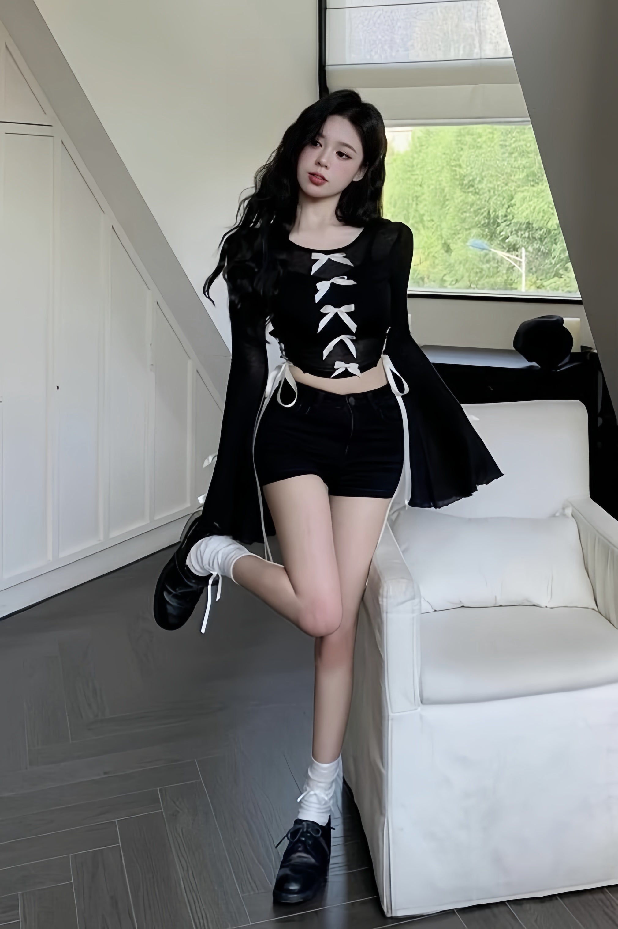 Ribbon Noir Sheer Tops XLY00012