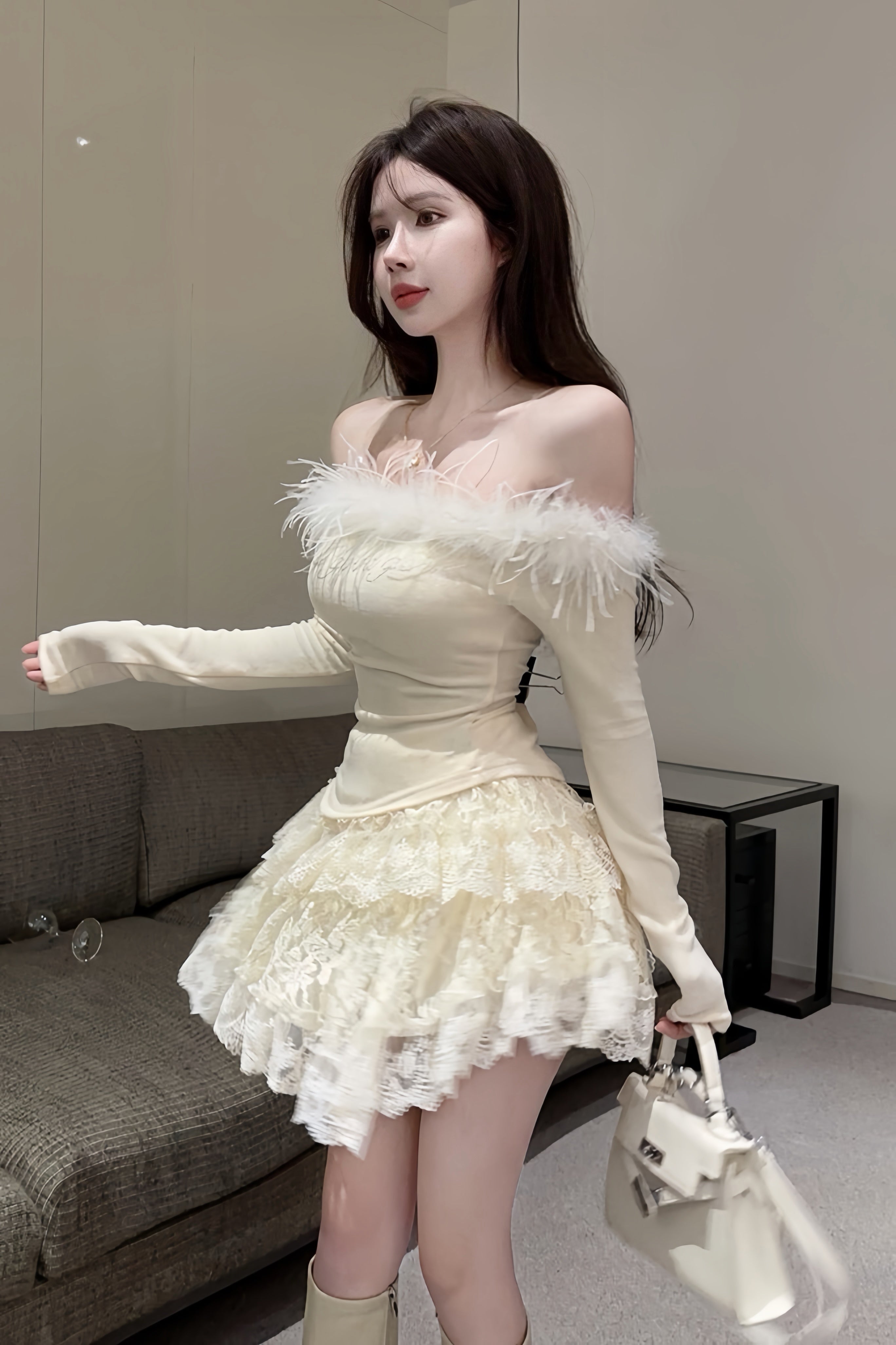 【Set Up】Velmira Halo Feather Tops&Skirt XLY00036