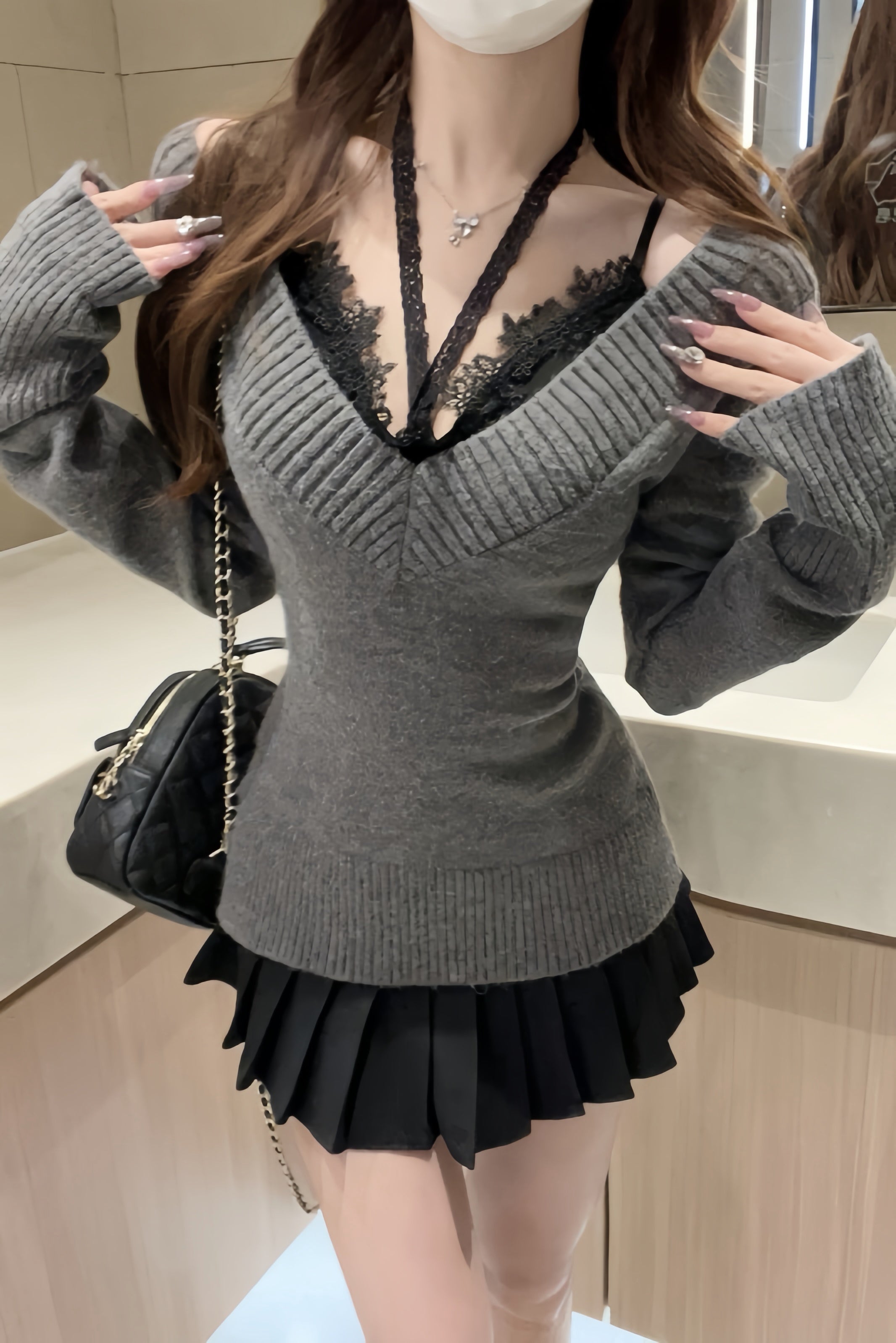 Zerisse Lace Contour Knit Tops XLY00050