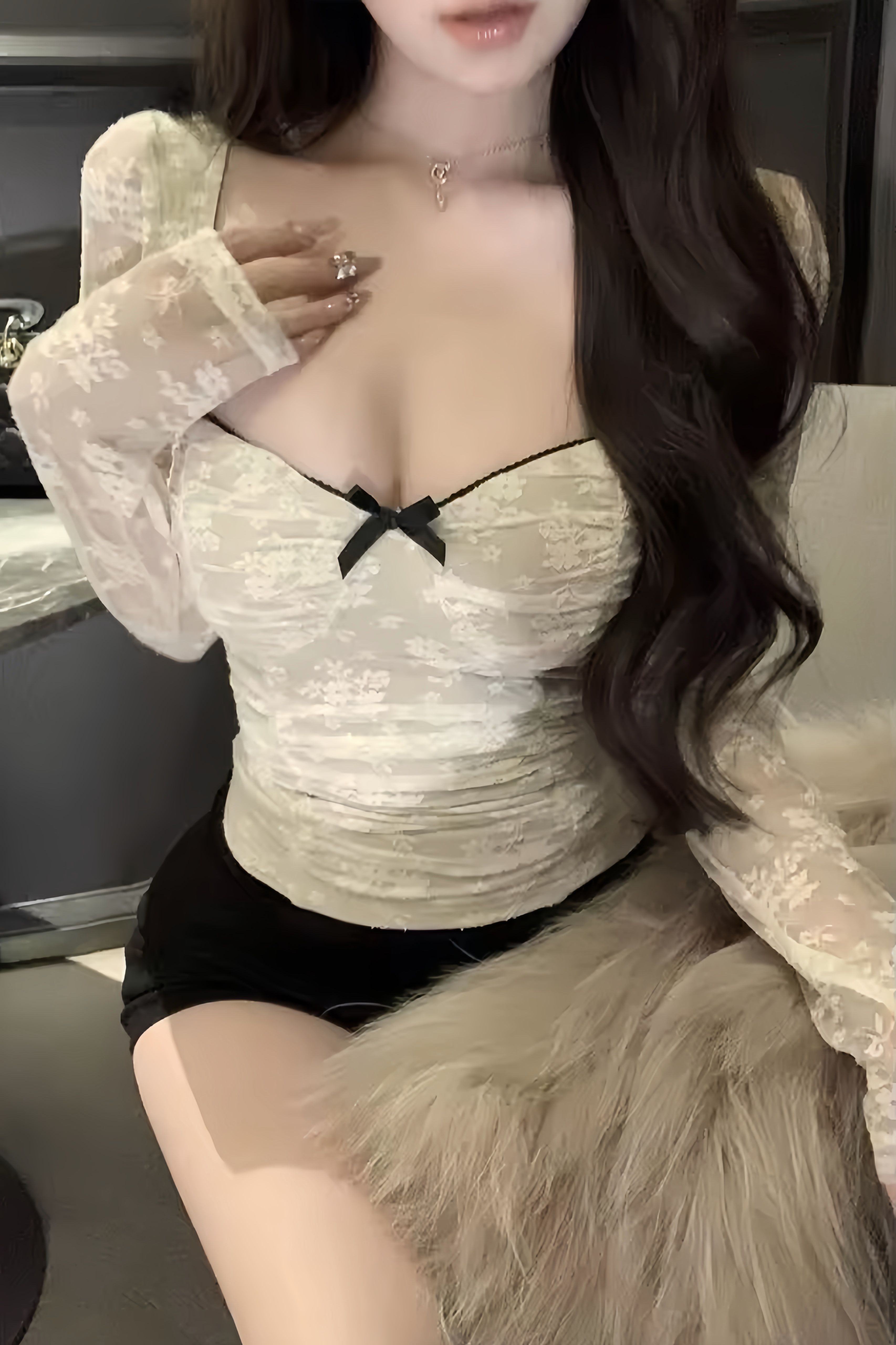 Sheer Lace Ruched Tops XLY00059