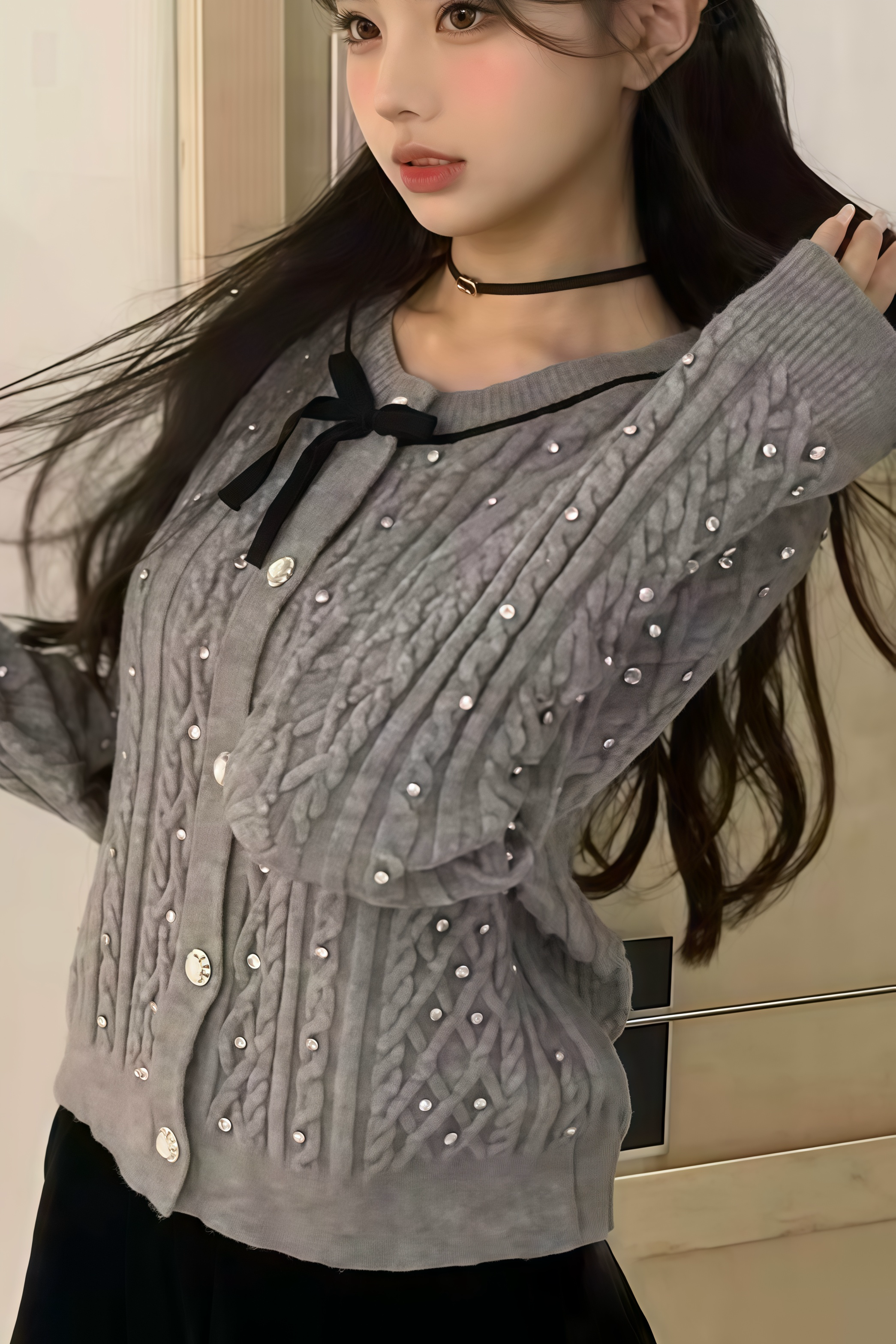 Bijou Detail Cable Knit Cardigan XLY00075