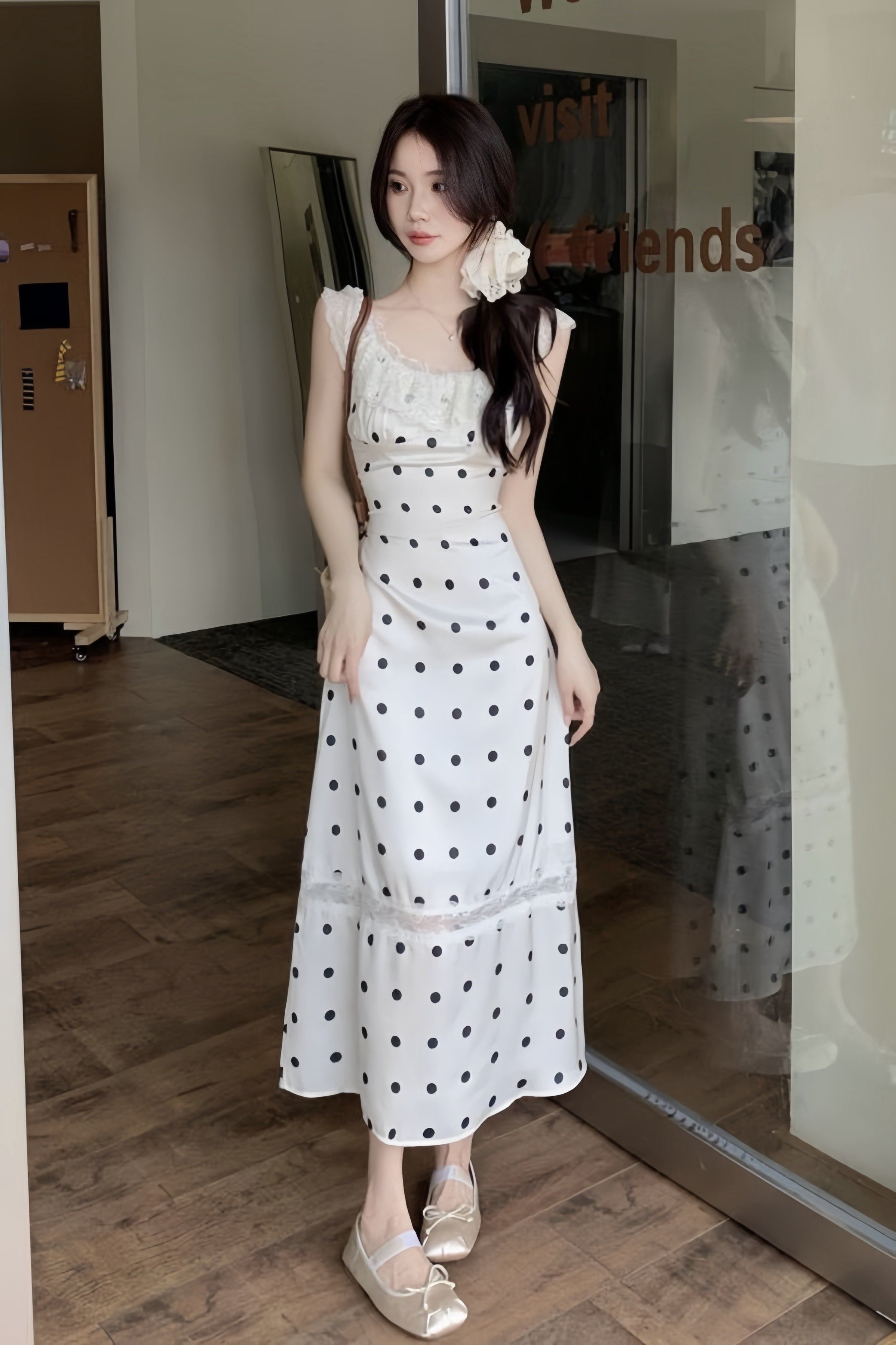 Back Open Lace Trim Polka Dot Dress XLY00081