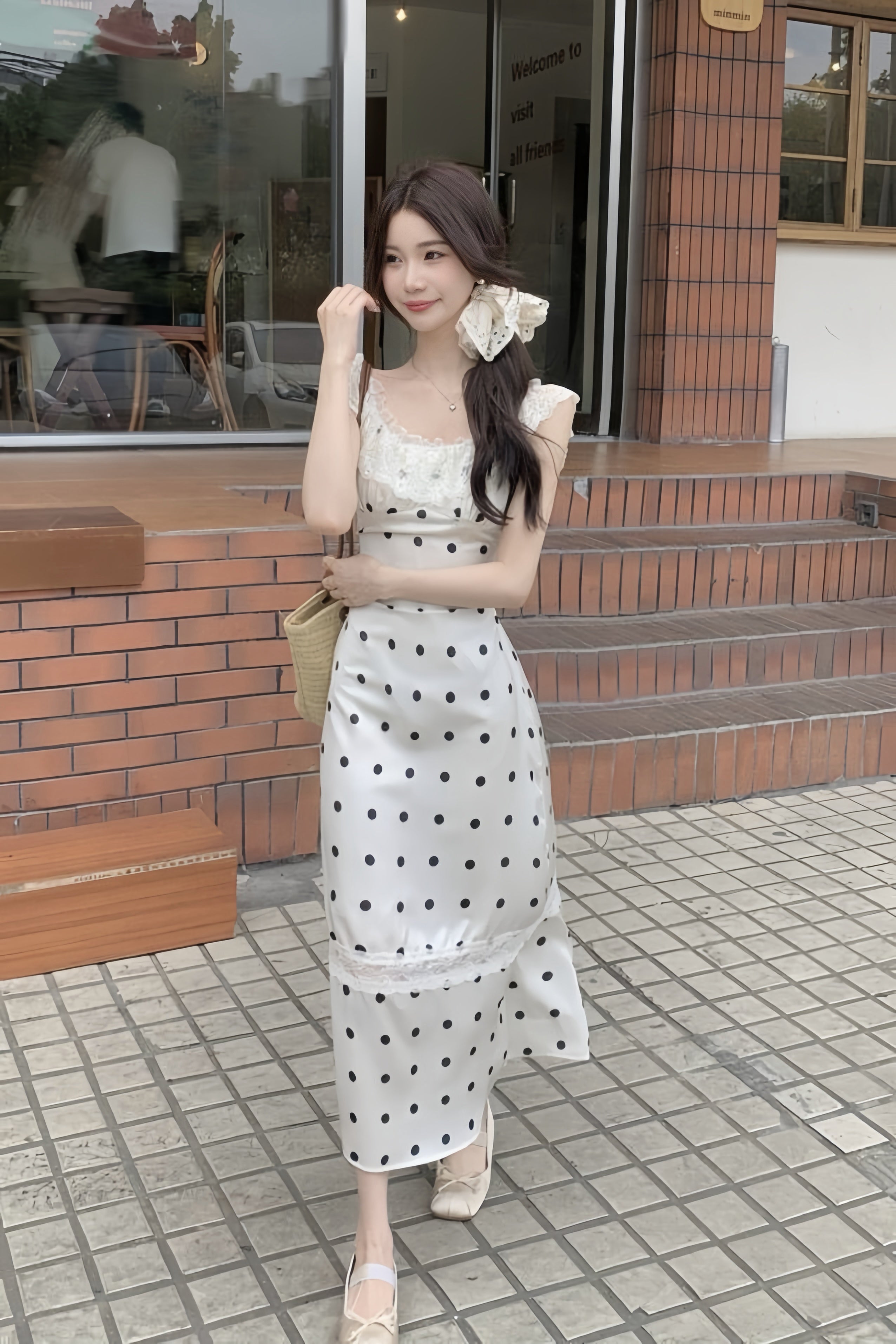 Back Open Lace Trim Polka Dot Dress XLY00081