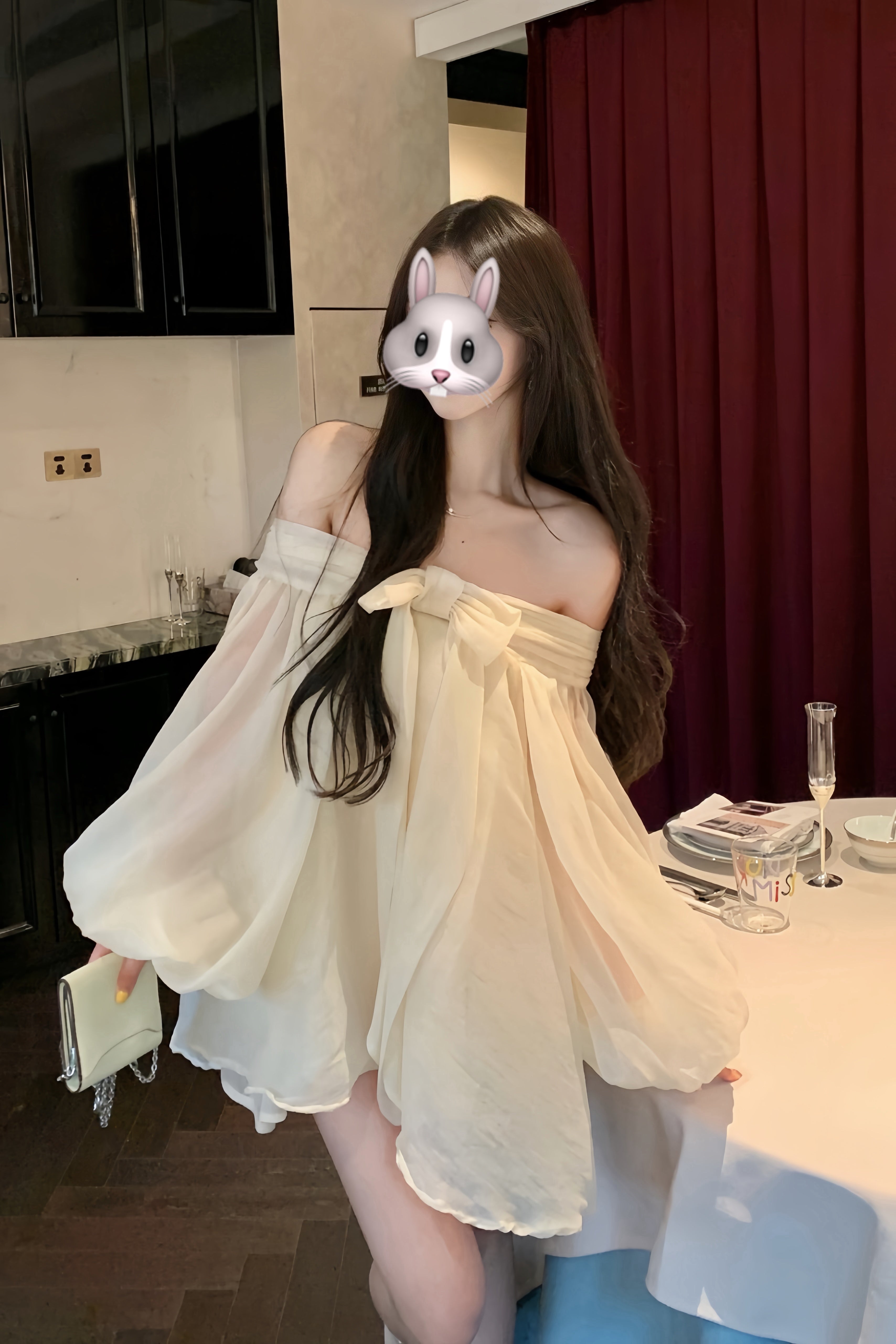 Sheer Off Shoulder Bow Dress XLY00095