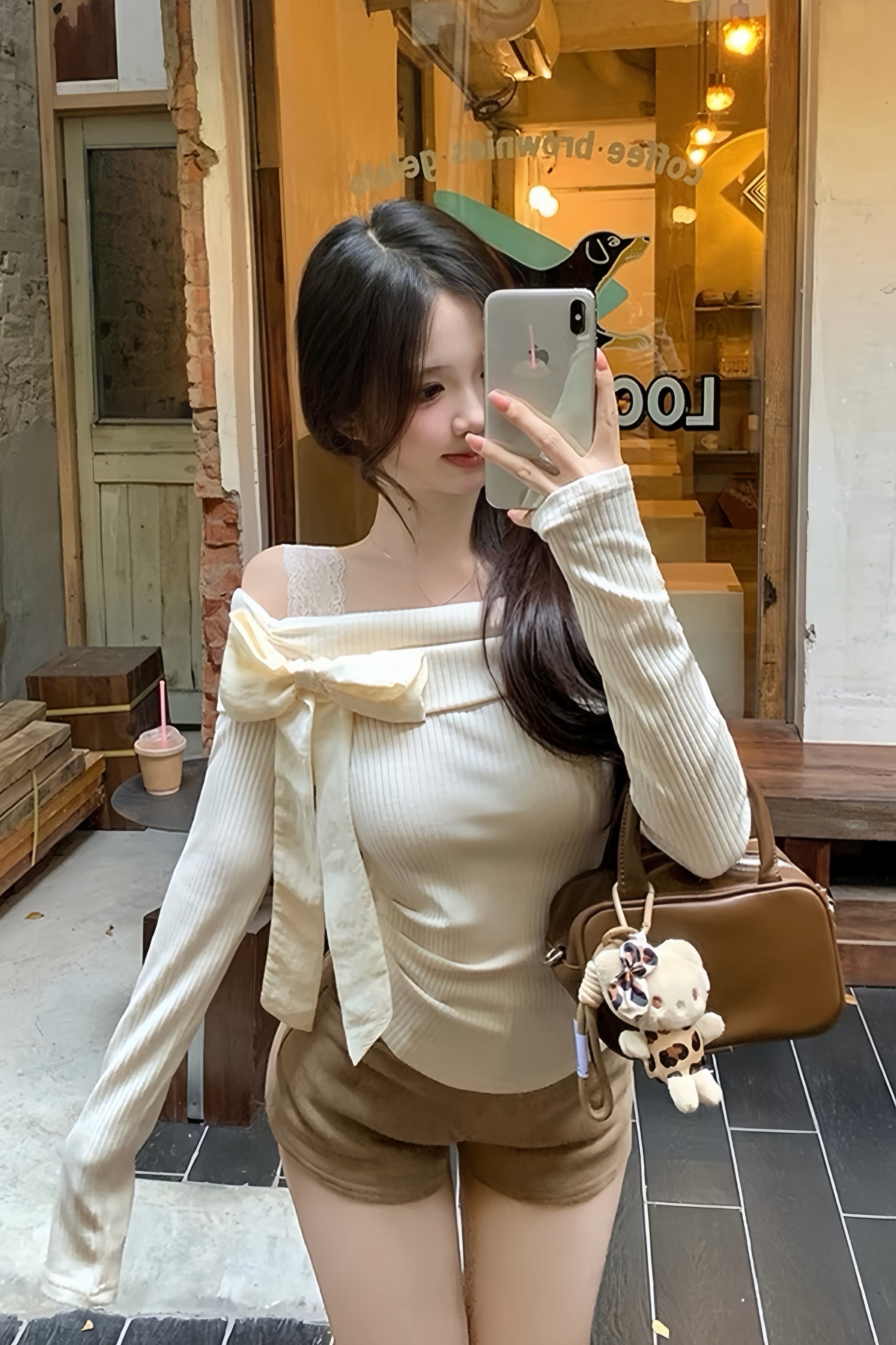 Ribbed Lace Off Shoulder Bow Tops XLY00097
