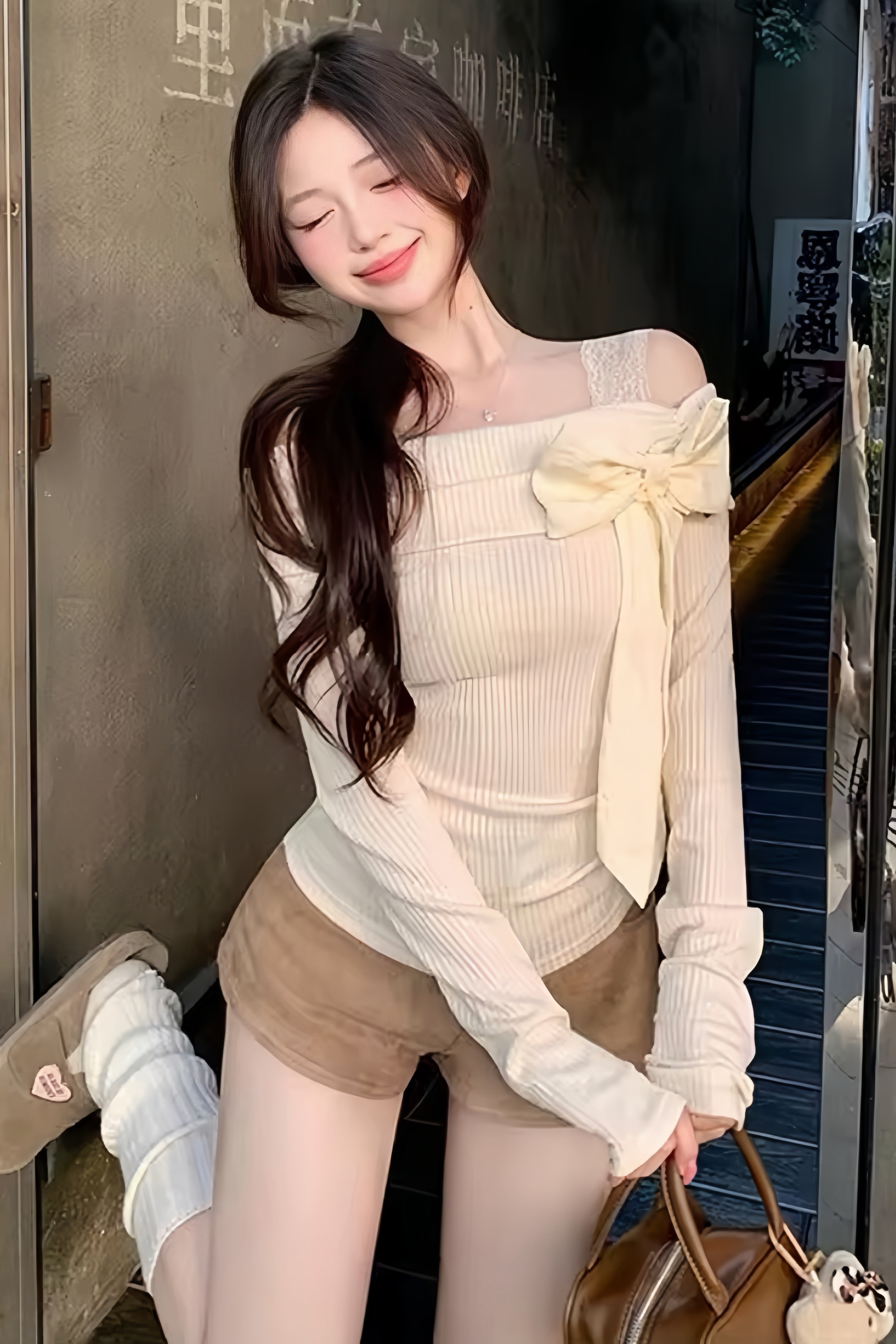Ribbed Lace Off Shoulder Bow Tops XLY00097