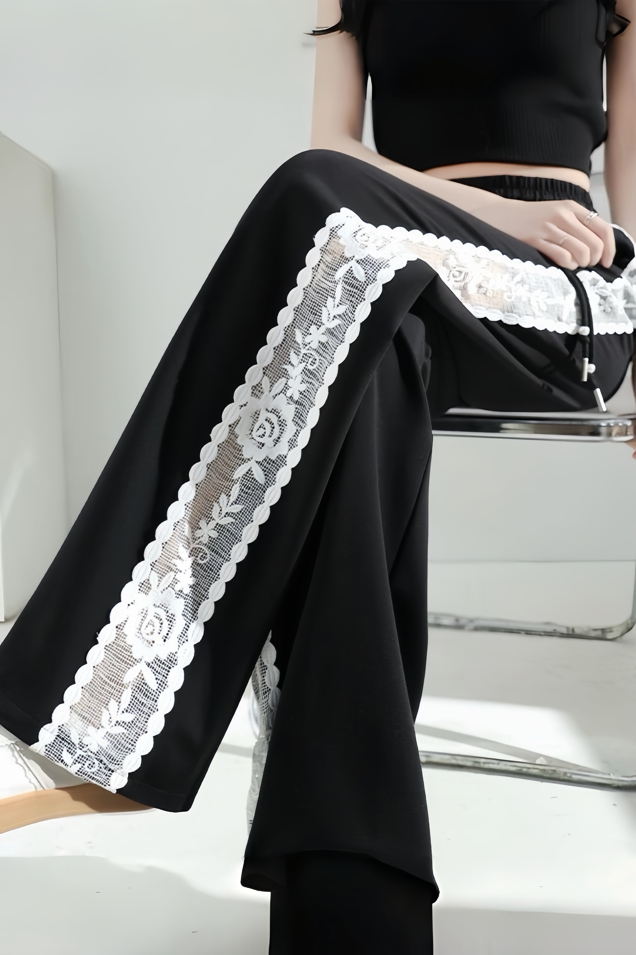 【3color】Rose Lace Side Sweat Flare Pants XLY00135