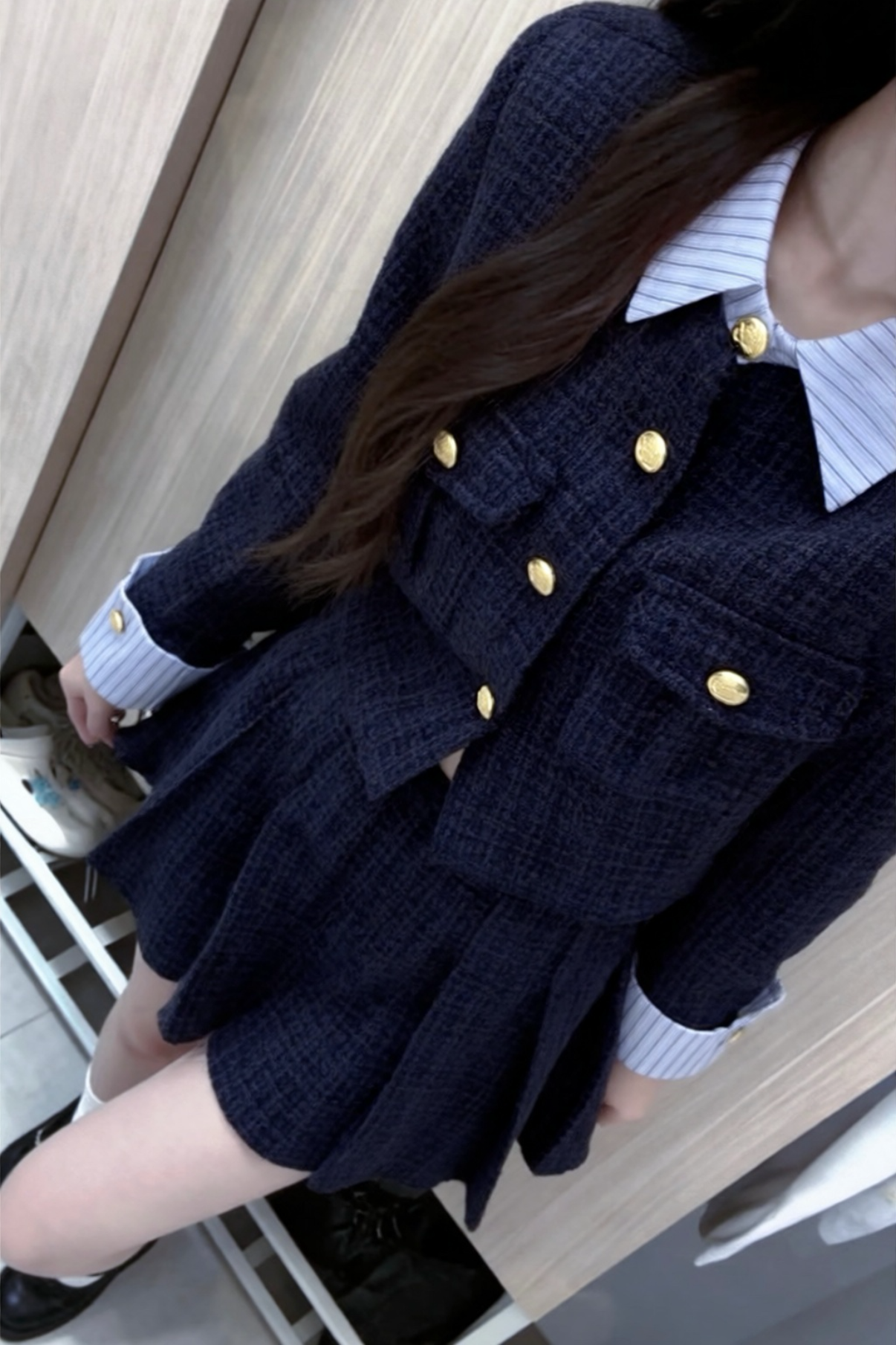 【Set Up】Preppy Gold Button Pleated Setup XLY00136