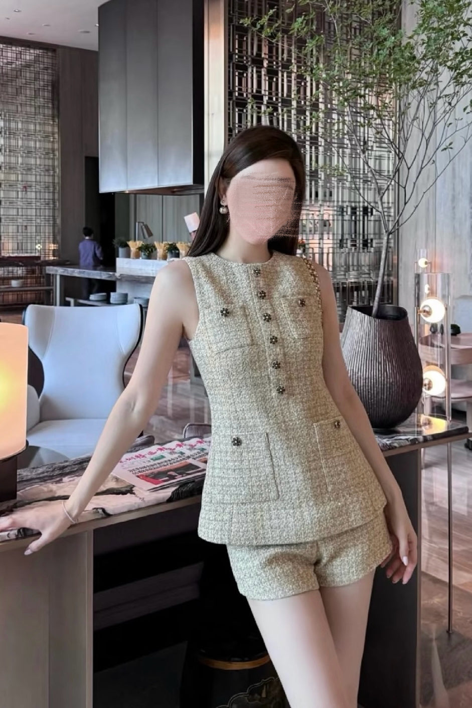 【Set Up】Chic Tweed Sleeveless Tailored Set Up XLY00139