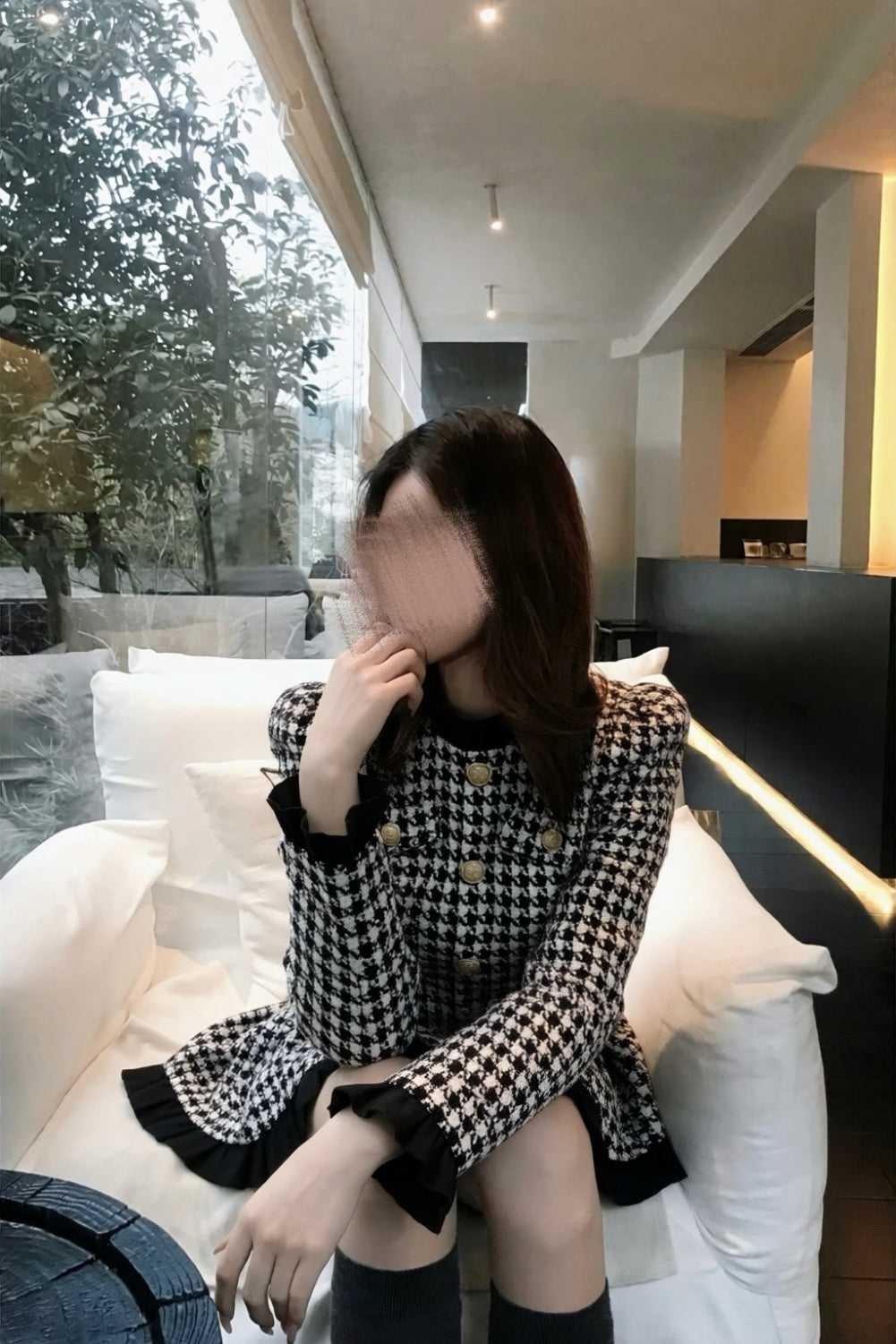 Frill Hem Houndstooth Dress XLY00144