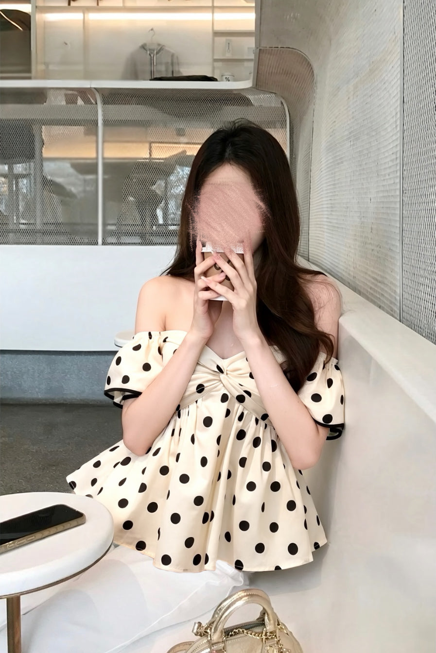 Off Shoulder Dot Ribbon Peplum Tops XLY00154