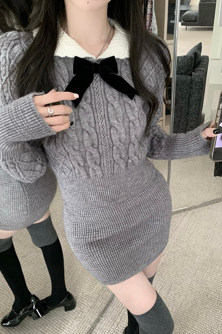 【Set Up】Classic Ribbon Collar Cable Knit Set XLY00114