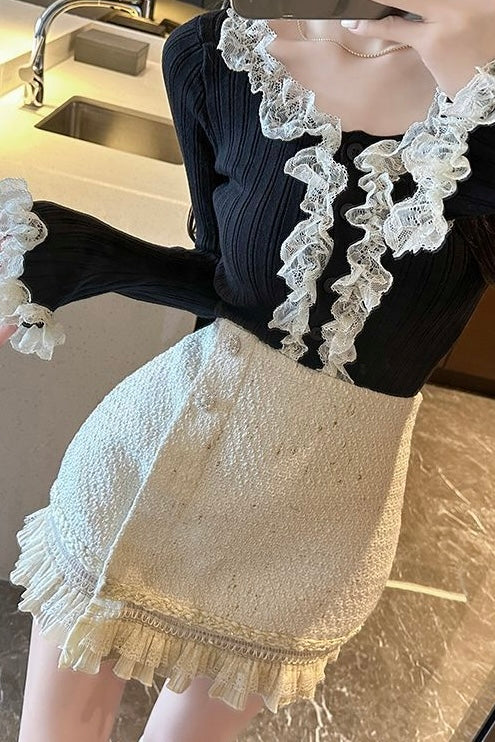 Pearl Button Tweed Frill Mini Skirt XLY00115