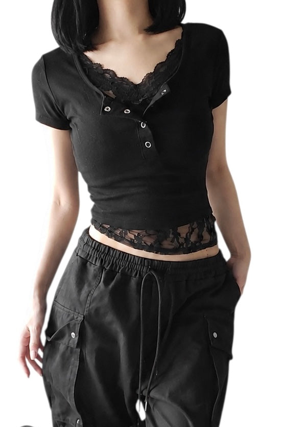 【2colors】レースレイヤード スクエアネックトップス XLY00189