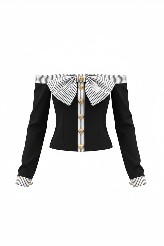 ストライプリボン オフショルトップス XLY00155