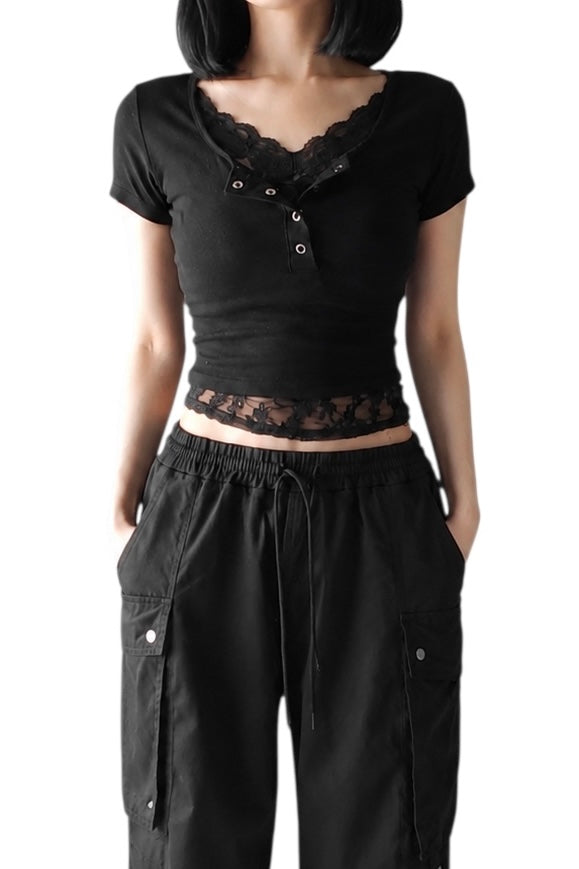 【2colors】レースレイヤード スクエアネックトップス XLY00189