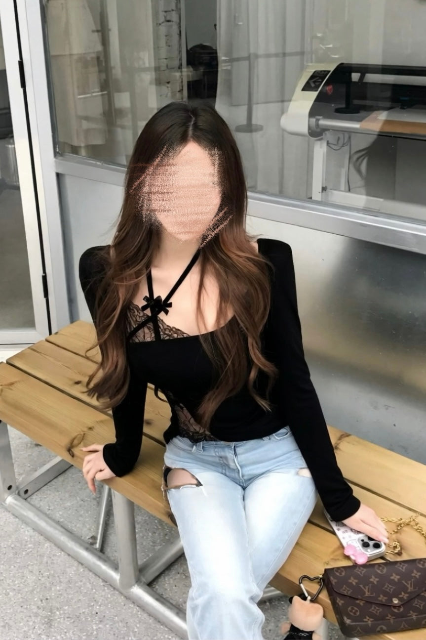 Lace Panel Asymmetry Slim Tops XLY00141