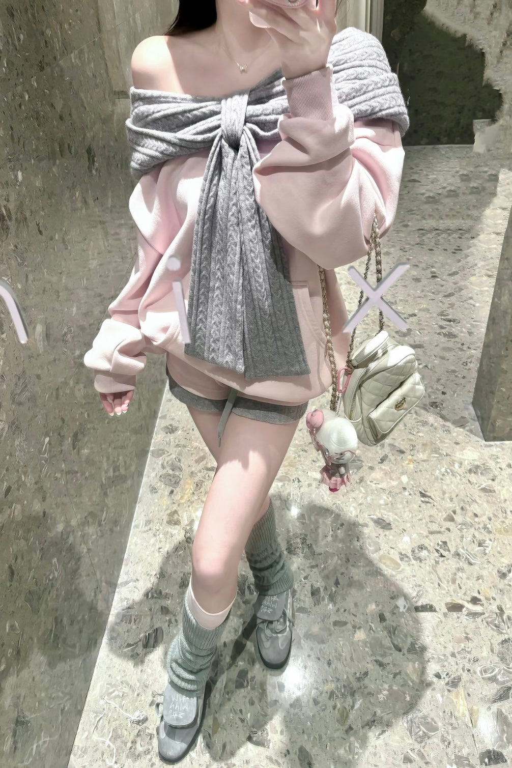 Set Up】Off Shoulder Hoodie Knit Set XLY00088