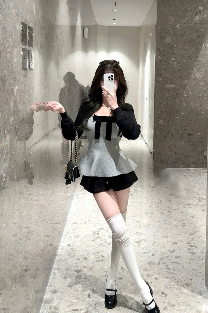 Ribbon Bicolor Peplum Knit Tops XLY00142