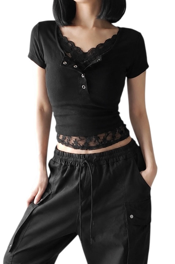 【2colors】レースレイヤード スクエアネックトップス XLY00189
