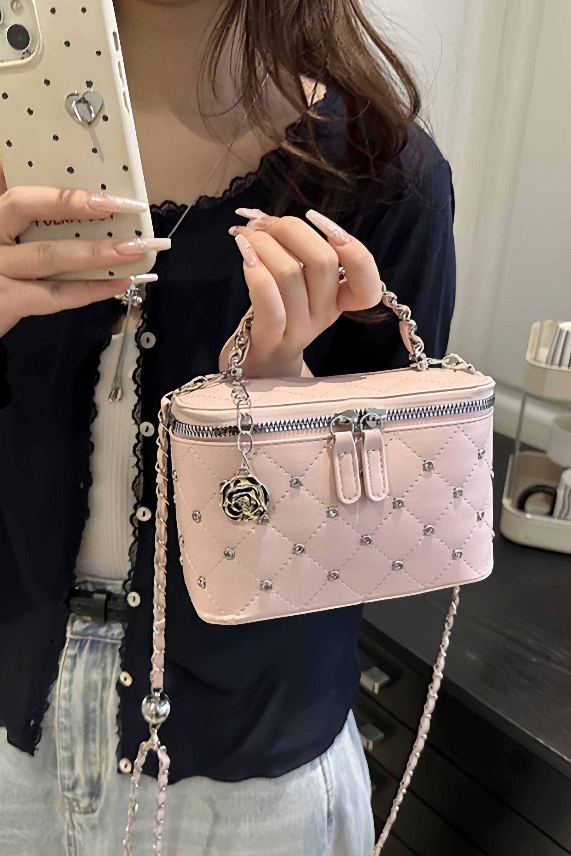 【4colors】ビジューキルティング バニティバッグ XLY00156