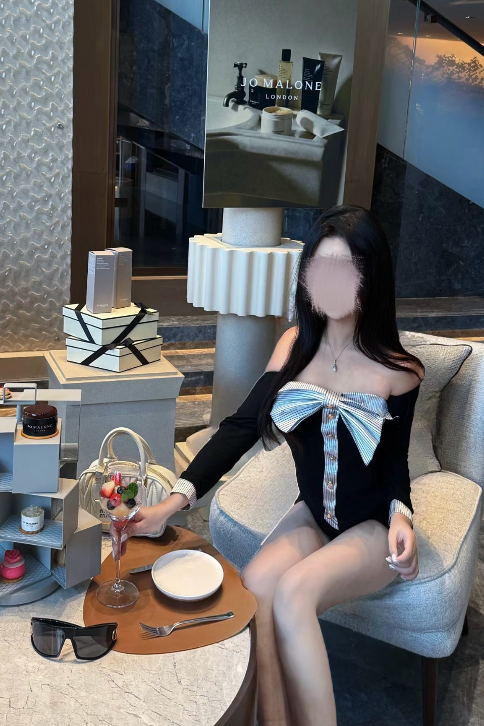 ストライプリボン オフショルトップス XLY00155