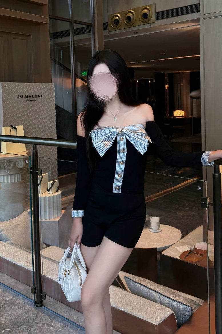 ストライプリボン オフショルトップス XLY00155