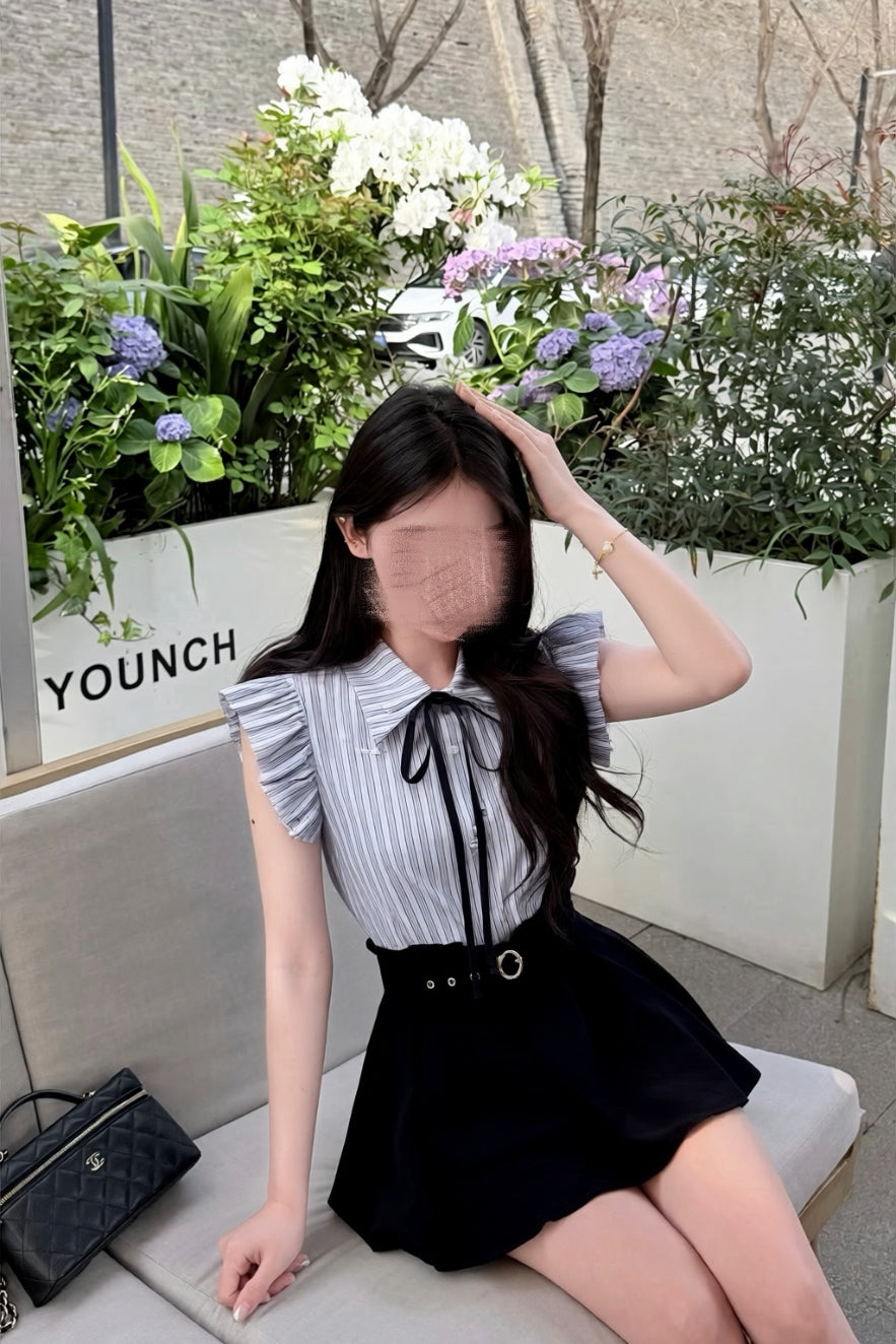 ストライプリボン フリルトップス XLY00157