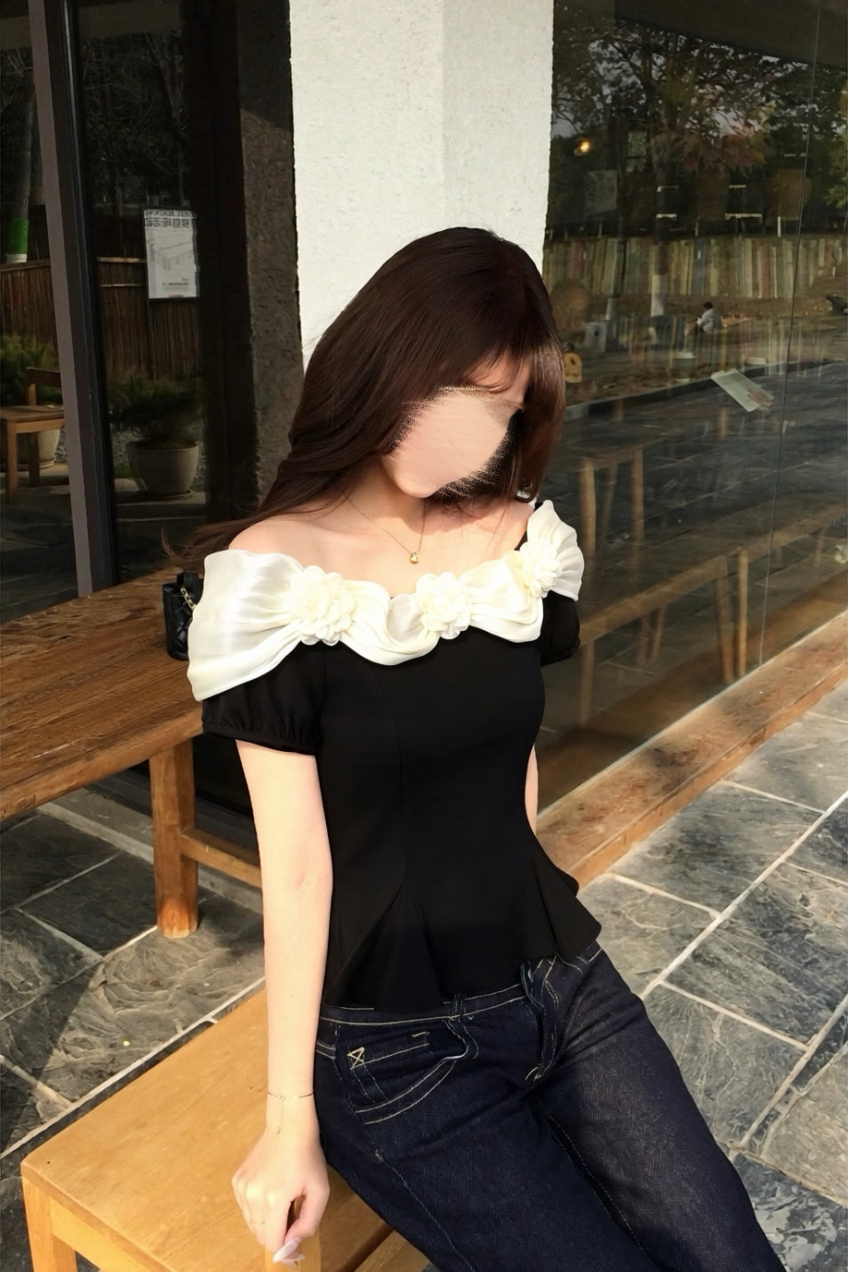 【2colors】フラワーオフショルペプラムトップス XLY00172