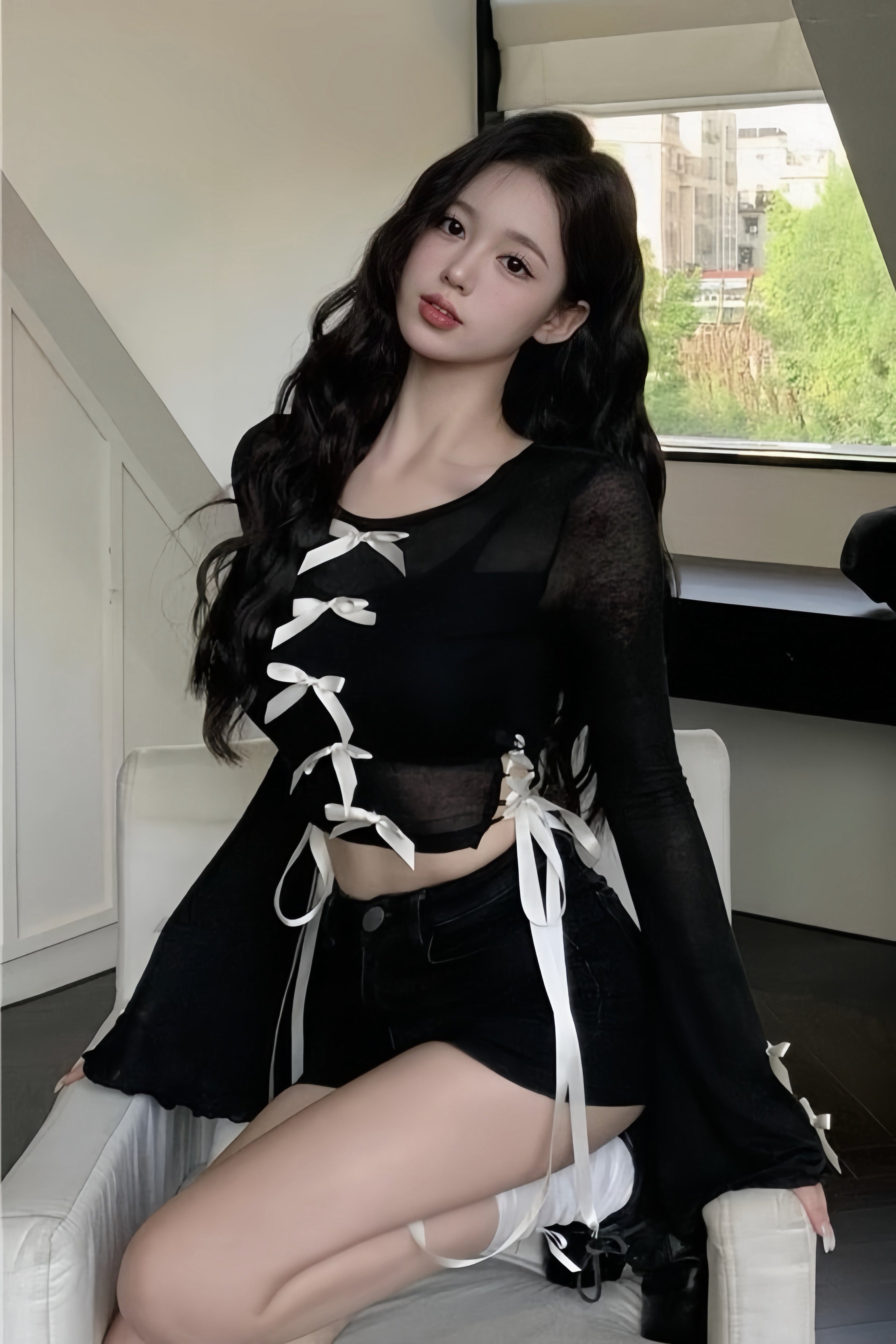 Ribbon Noir Sheer Tops XLY00012