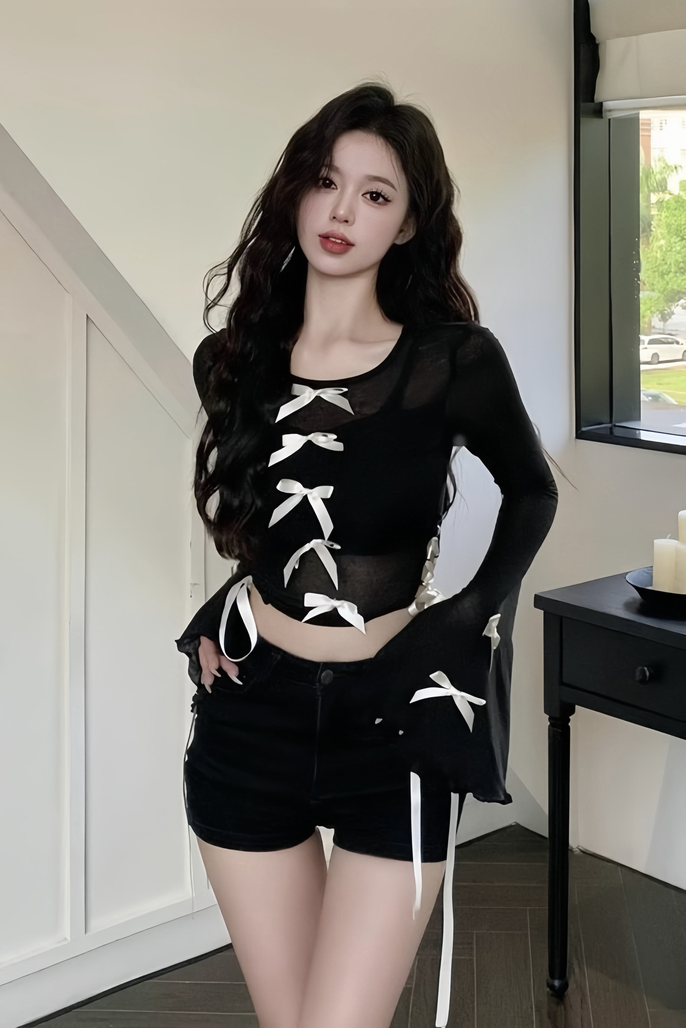 Ribbon Noir Sheer Tops XLY00012