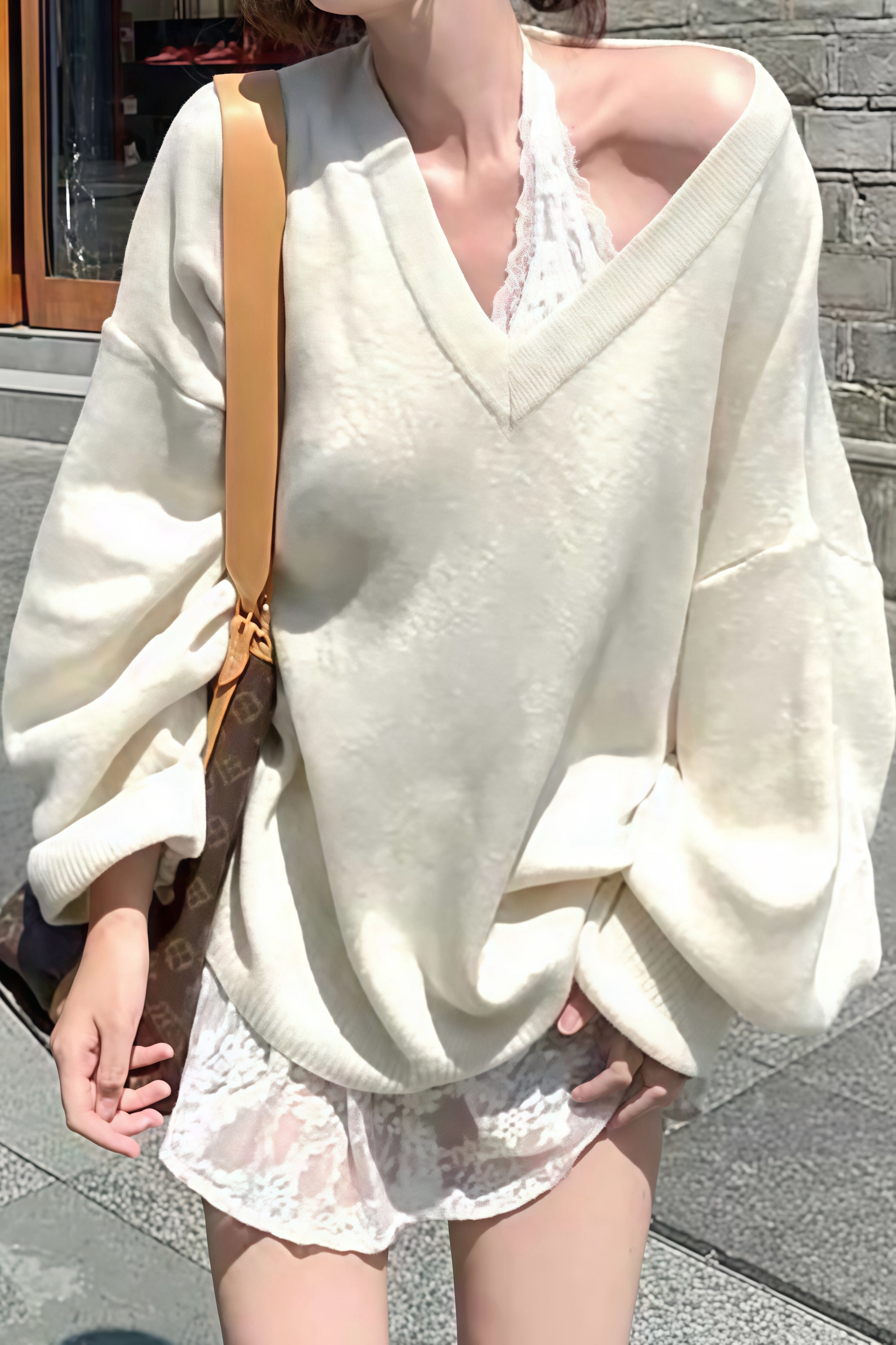 Oversized V-Neck Knit Tops XLY0000054