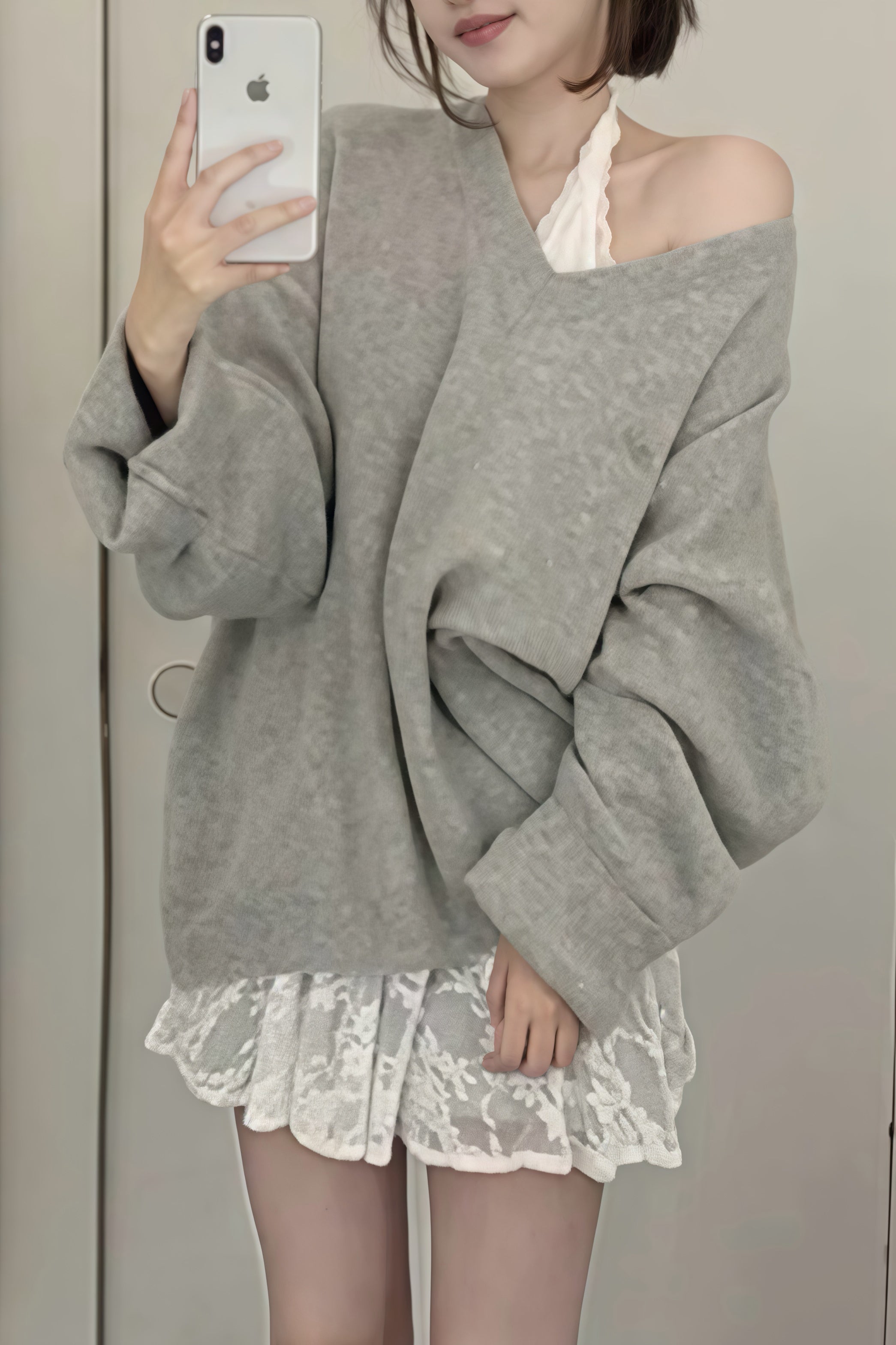 Oversized V-Neck Knit Tops XLY0000054