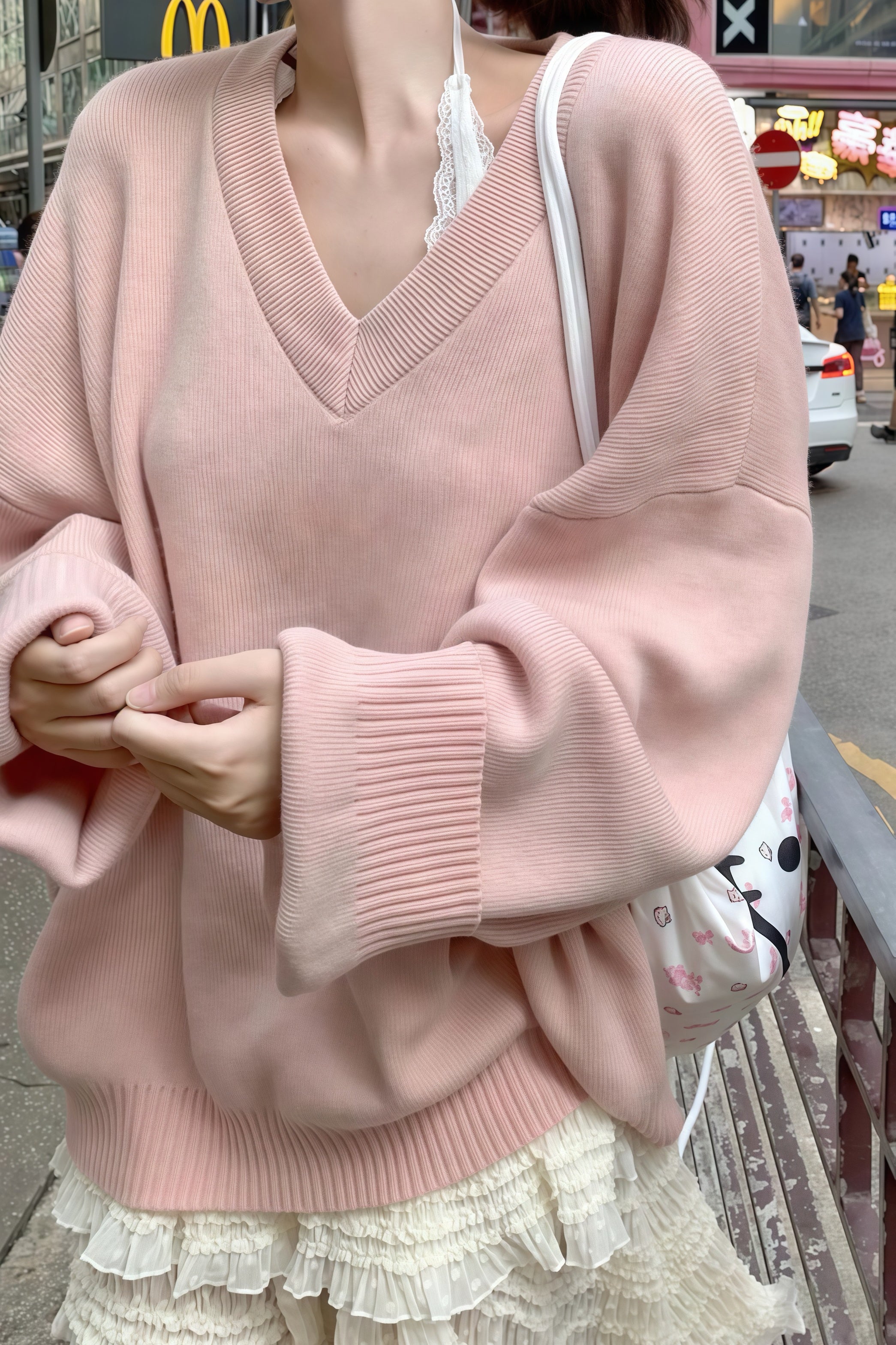 Oversized V-Neck Knit Tops XLY0000054