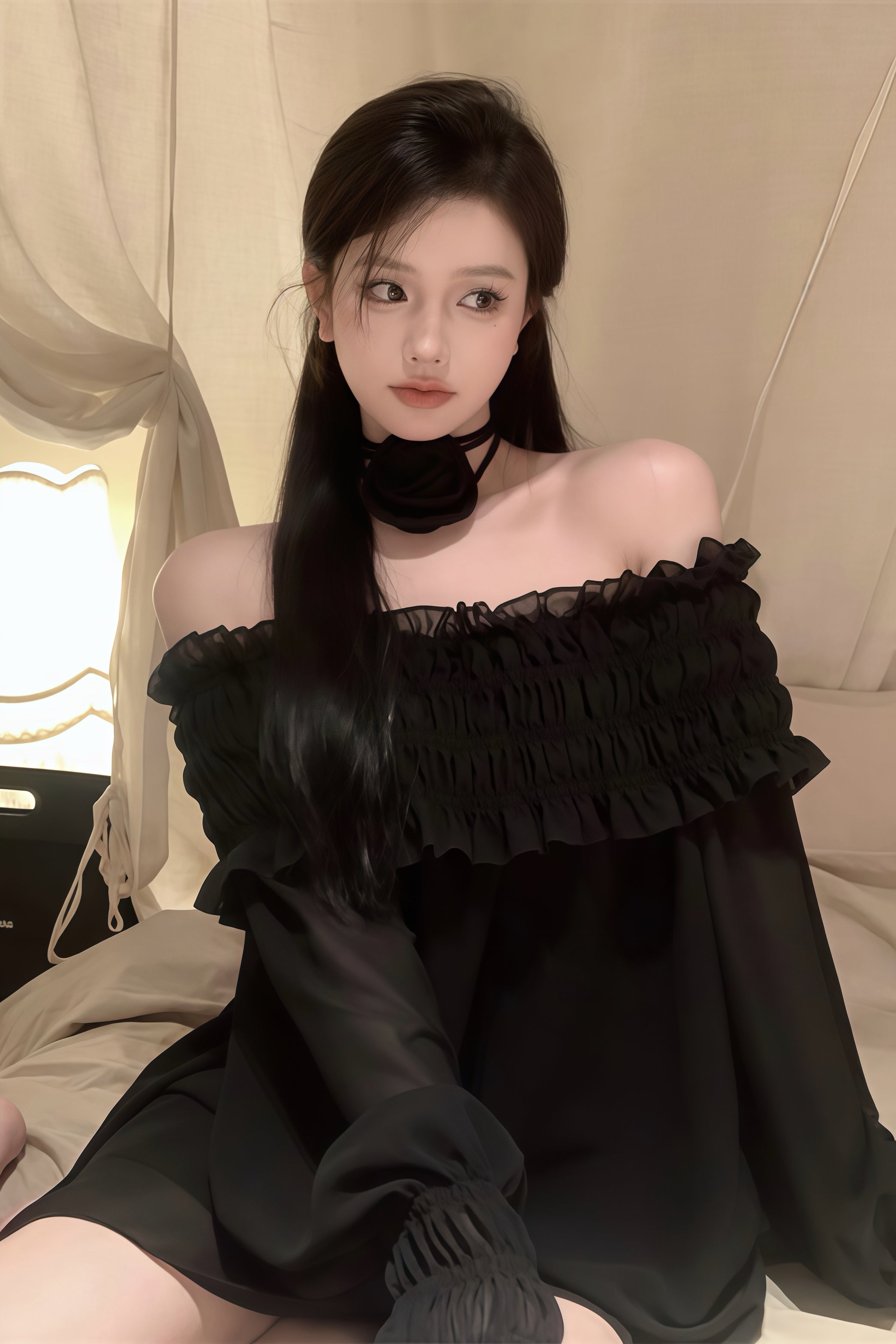 Off Shoulder Frill Chiffon Dress XLY00060
