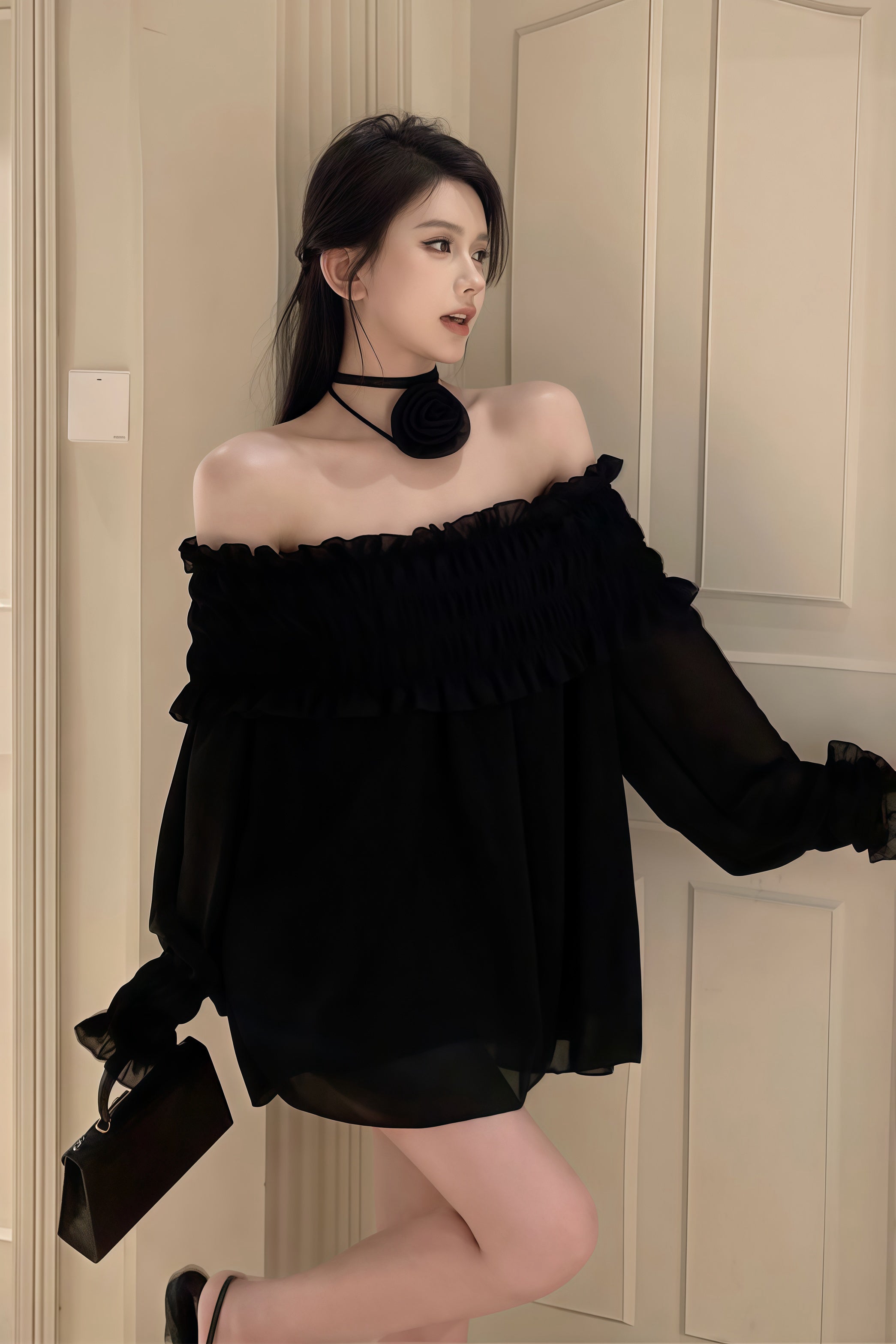 Off Shoulder Frill Chiffon Dress XLY00060