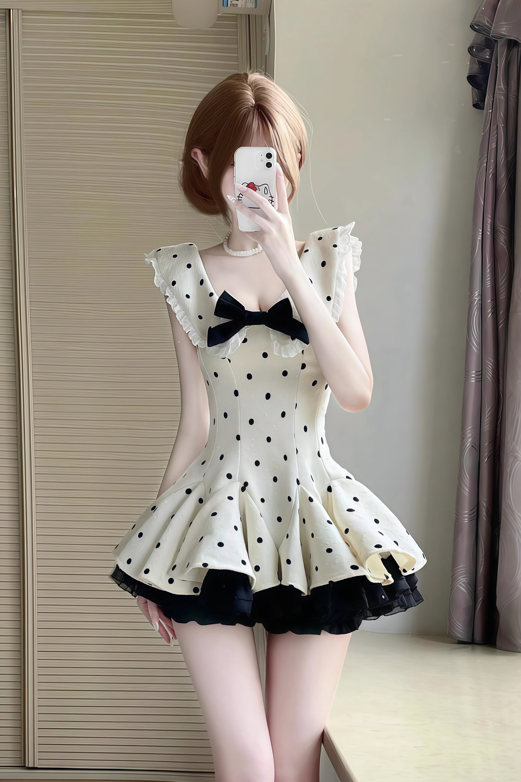 Dot Ribbon Flare Dress XLY00073