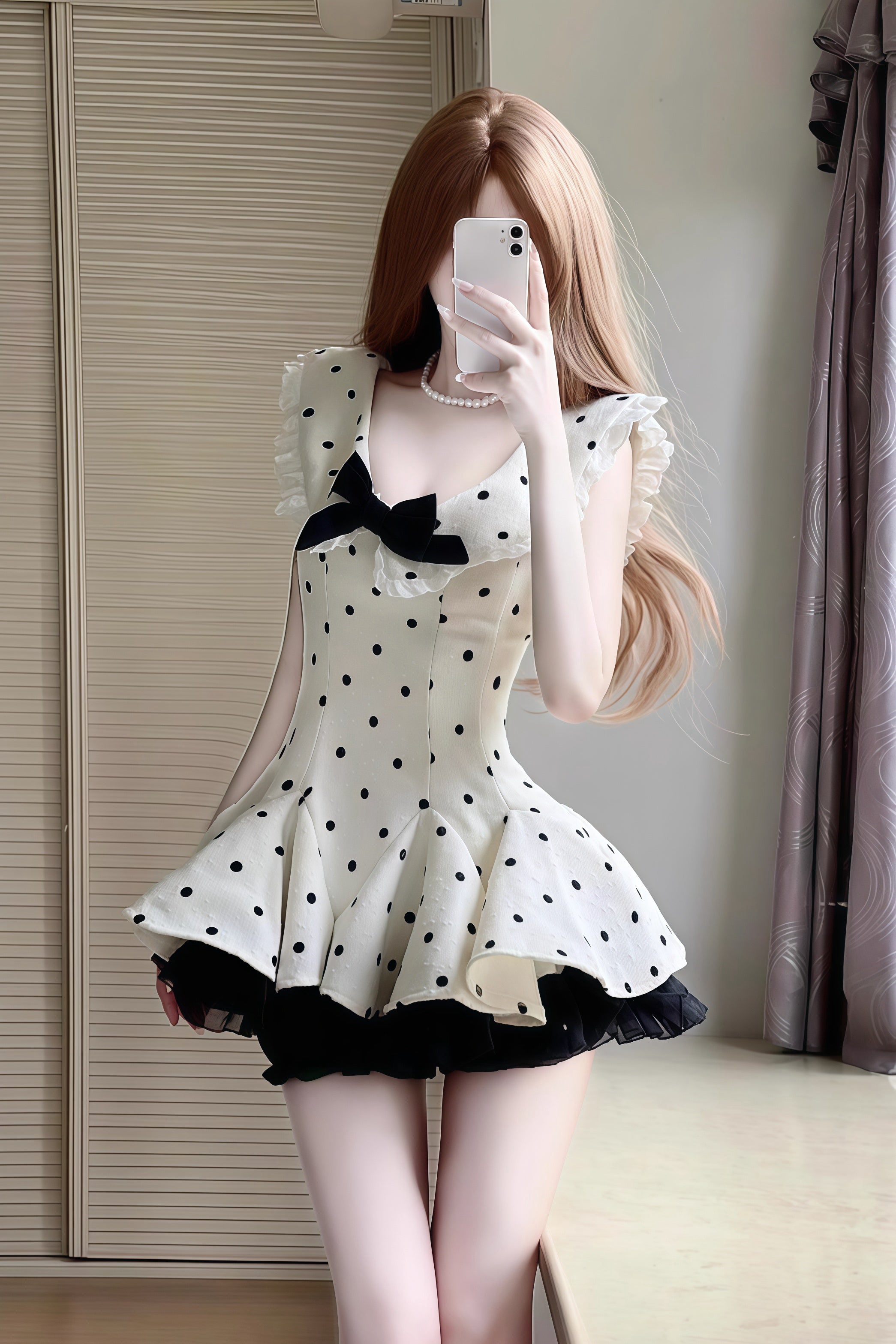 Dot Ribbon Flare Dress XLY00073