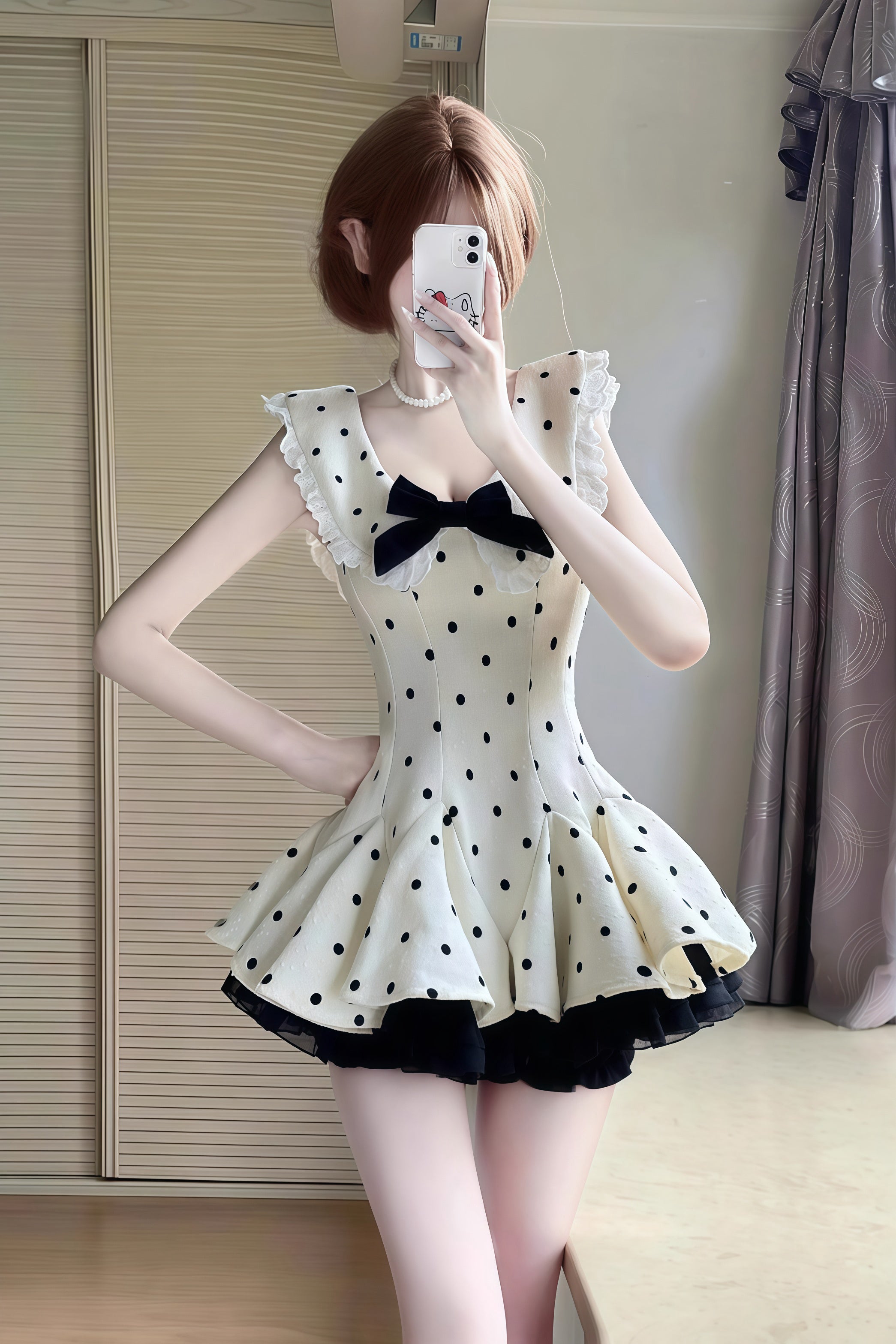 Dot Ribbon Flare Dress XLY00073