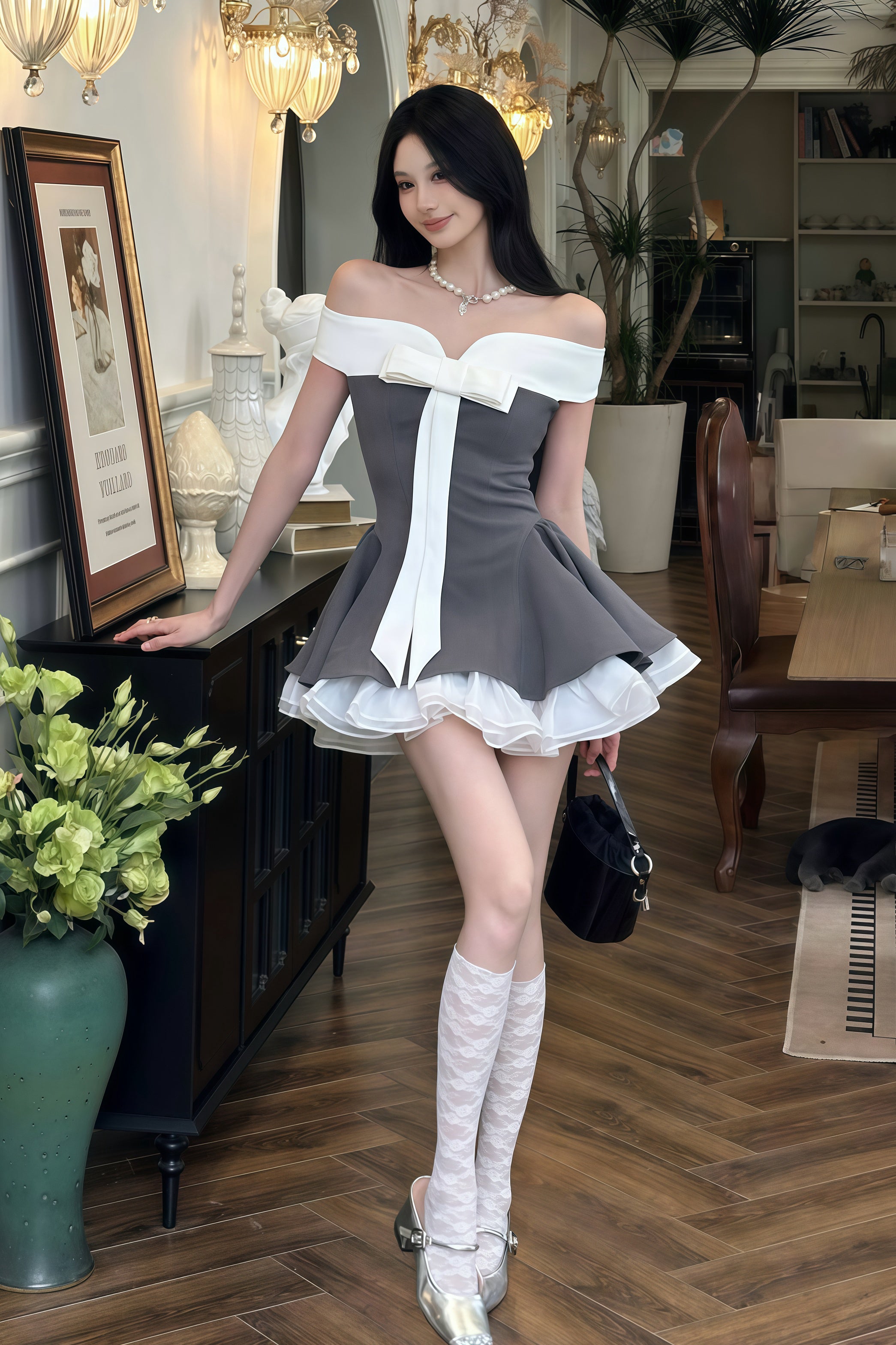 Off Shoulder Ribbon Volume Dress XLY00074