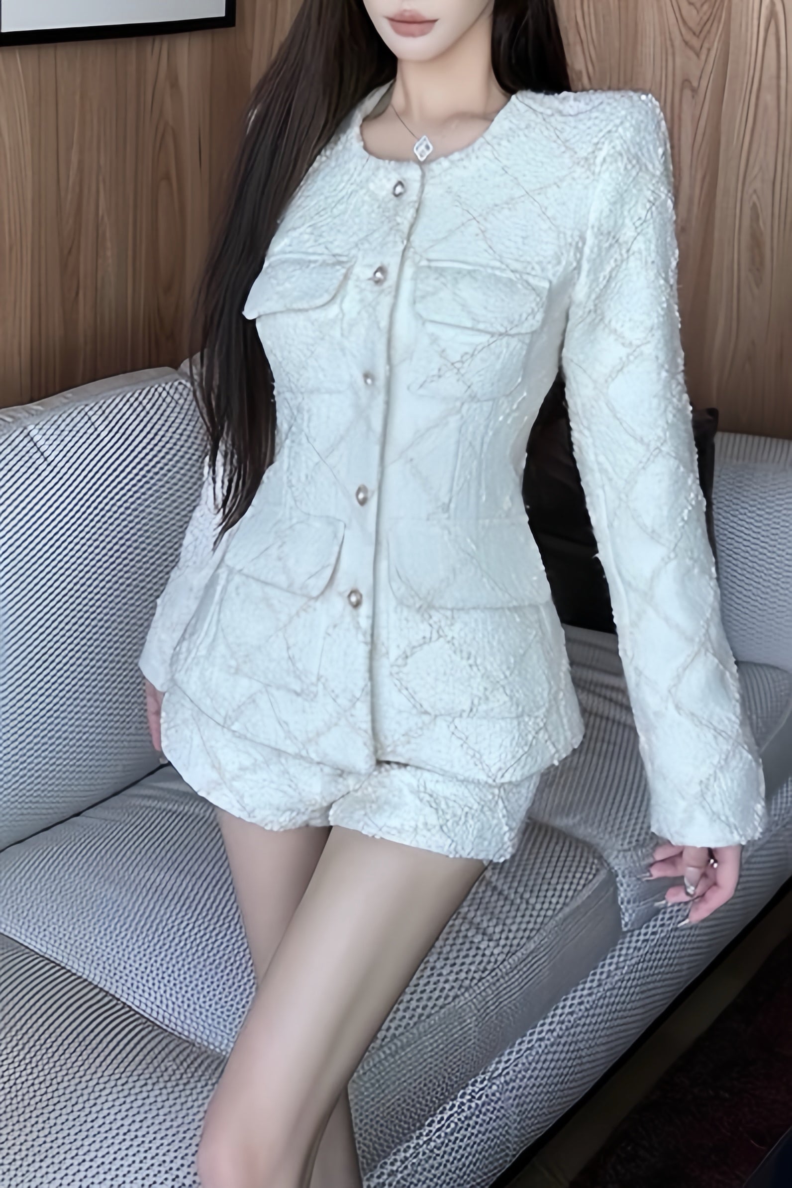 【Set Up】Tailored Tweed Short Set Up XLY00079