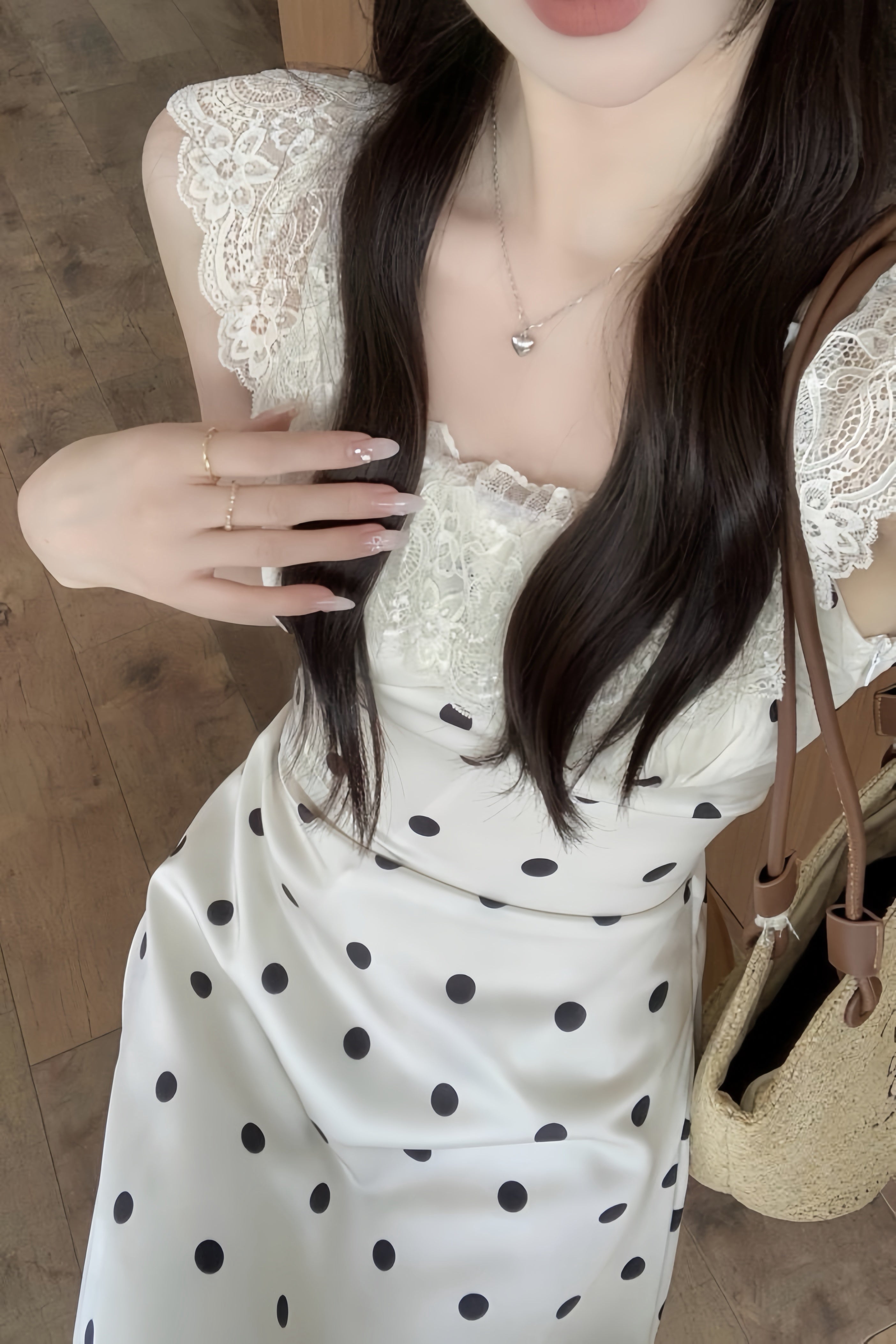 Back Open Lace Trim Polka Dot Dress XLY00081