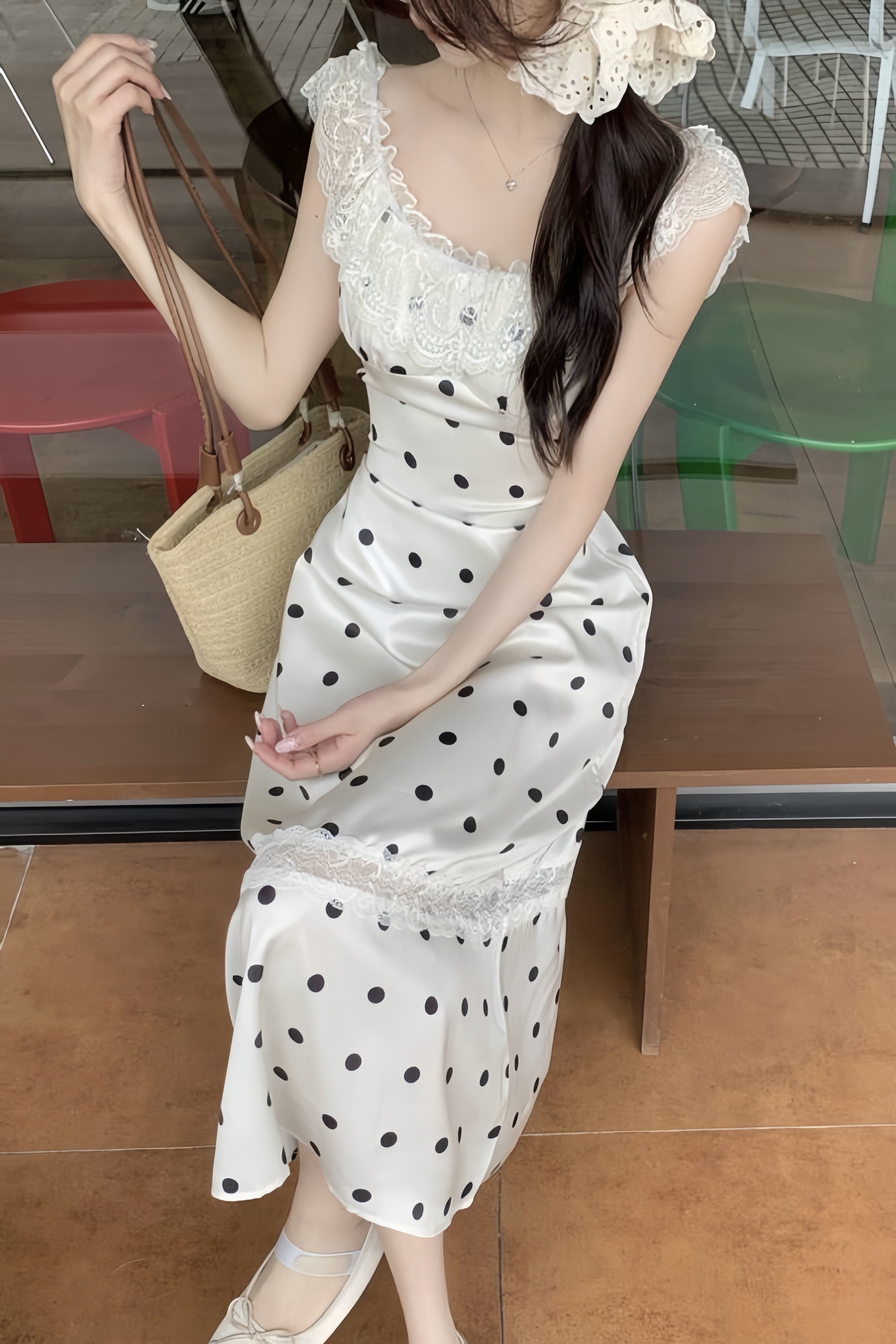 Back Open Lace Trim Polka Dot Dress XLY00081